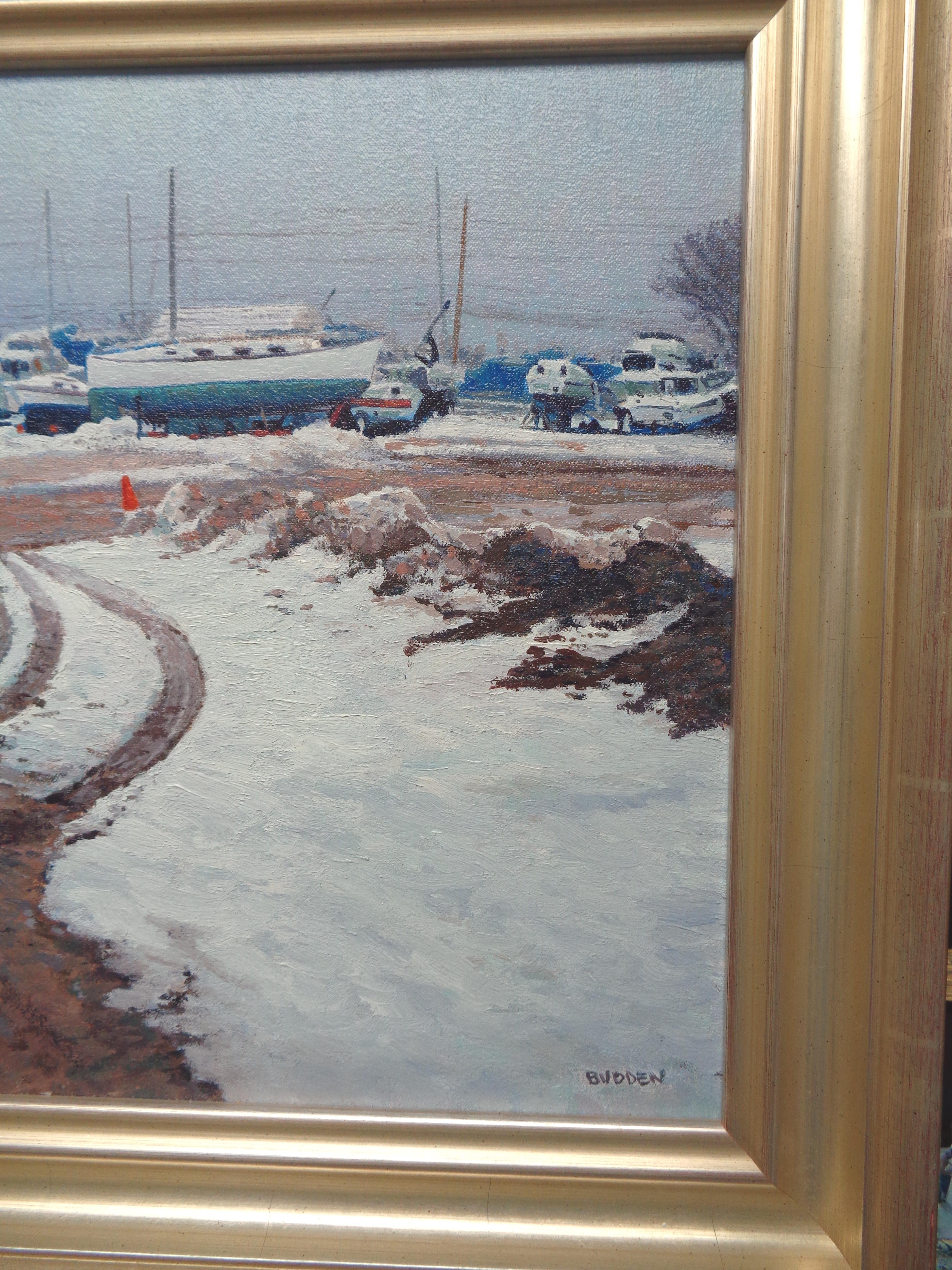 Barcos de invierno Pintura al óleo de Michael Budden Winter Boat Yard NJ en venta 3