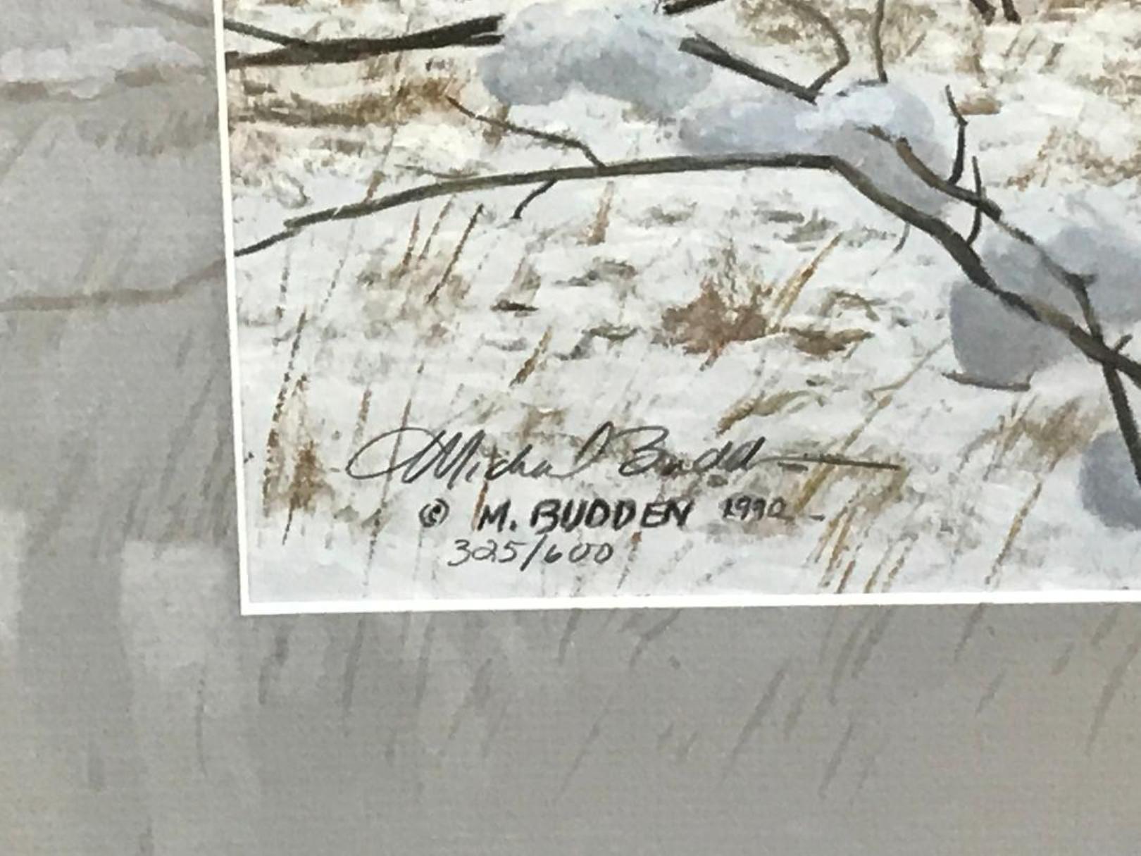 A limited edition offset print by award winning contemporary artist Michael Budden that showcases a cardinal in his natural rural environment at a moments rest on a fence line created in an impressionistic realism style housed in a hand painted