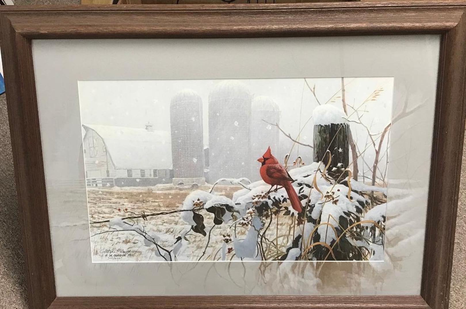 Michael Budden Landscape Painting - Winter Cardinal, Contemporary Wildlife Art Print with Remarque hand painted mat