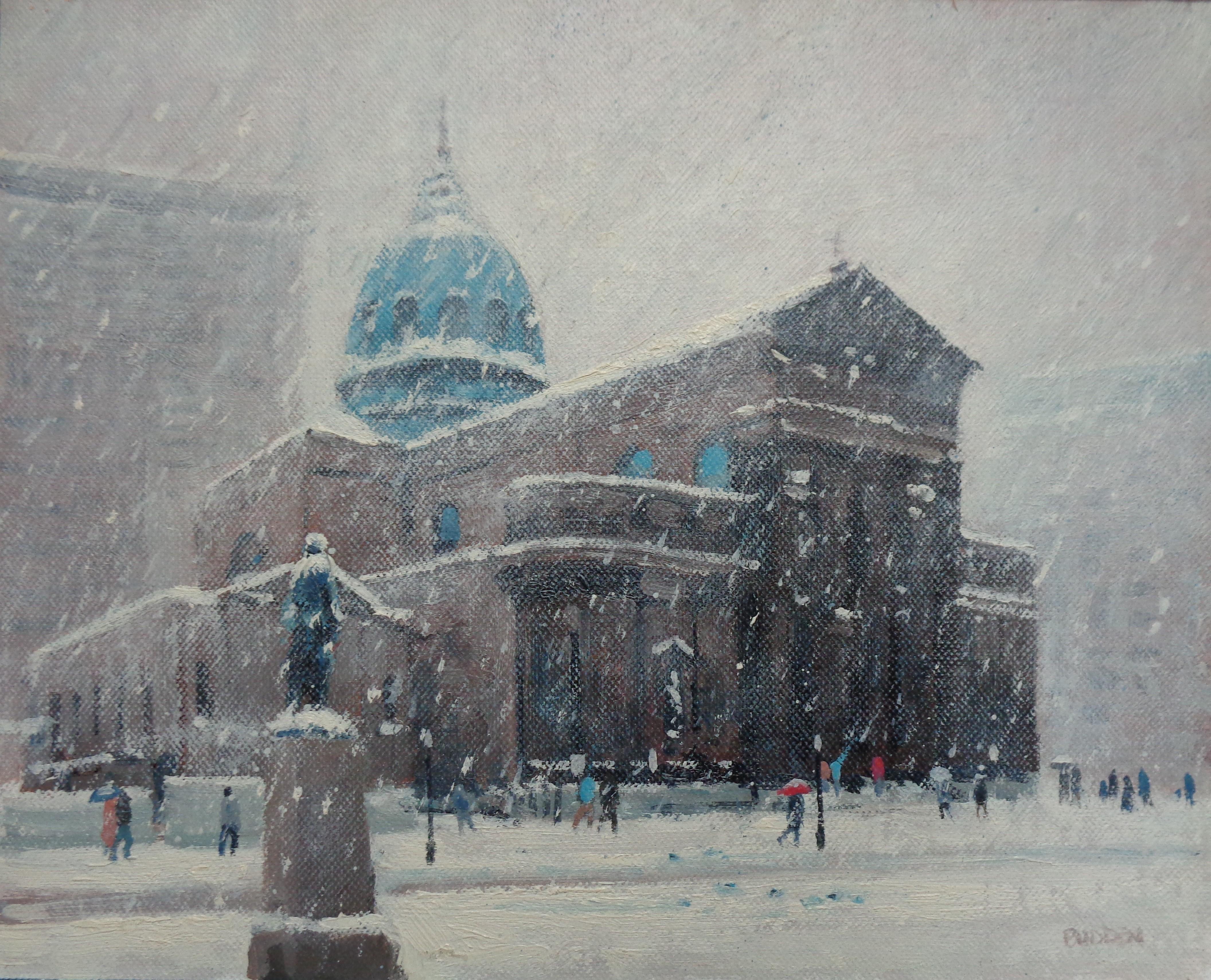   Winter Cityscape Painting Michael Budden Saints Peter & Paul Cathedral Phila For Sale 1