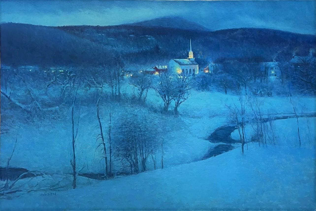   Winter Landscape Oil Painting by Michael Budden Evening In Stowe For Sale 1