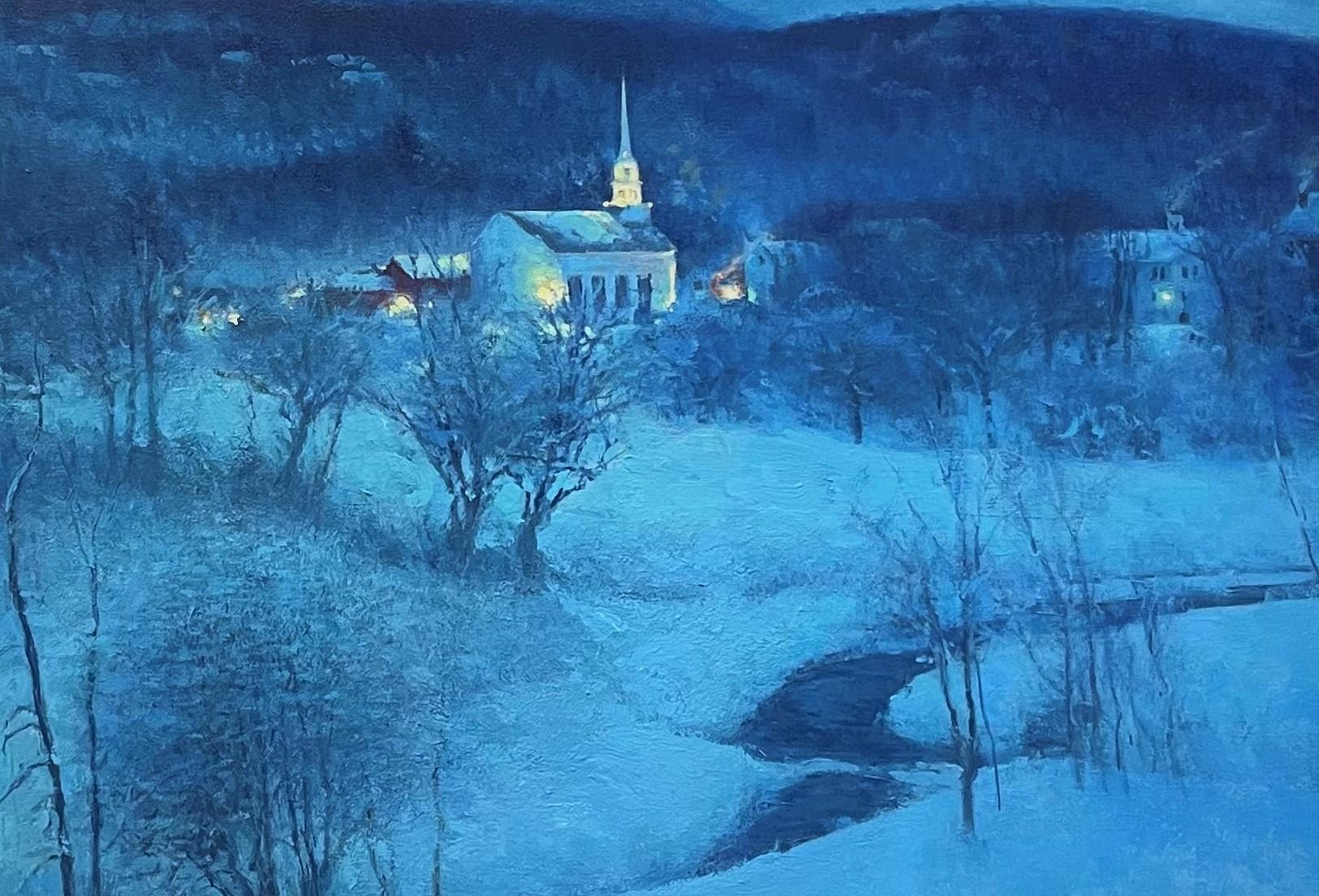   Winter Landscape Oil Painting by Michael Budden Evening In Stowe For Sale 4