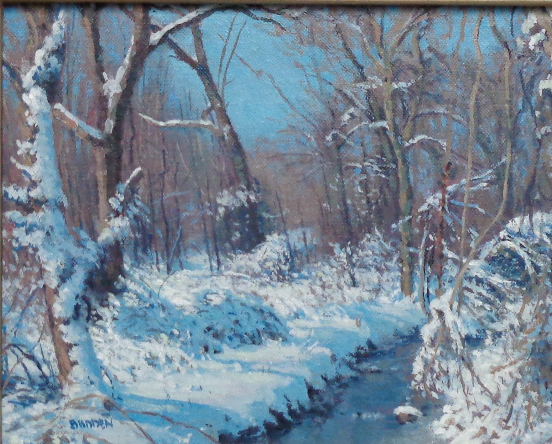 Winterlandschaft, Ölgemälde von Michael Budden, Süßer Schnee im Angebot 1