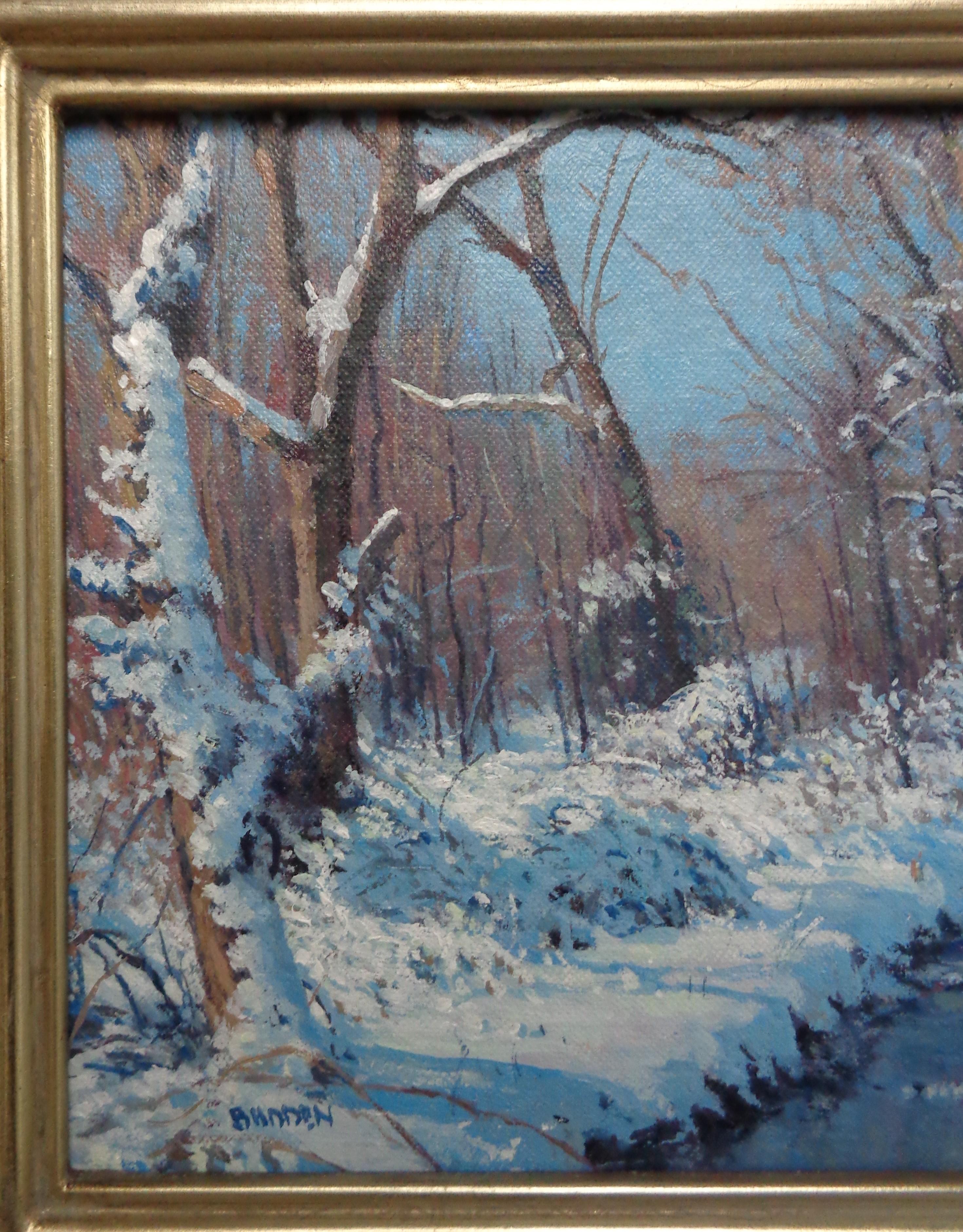 Winterlandschaft, Ölgemälde von Michael Budden, Süßer Schnee im Angebot 2