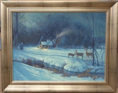   Winter Landscape Oil Painting by Michael Budden Snow Moonlight with Cabin Deer