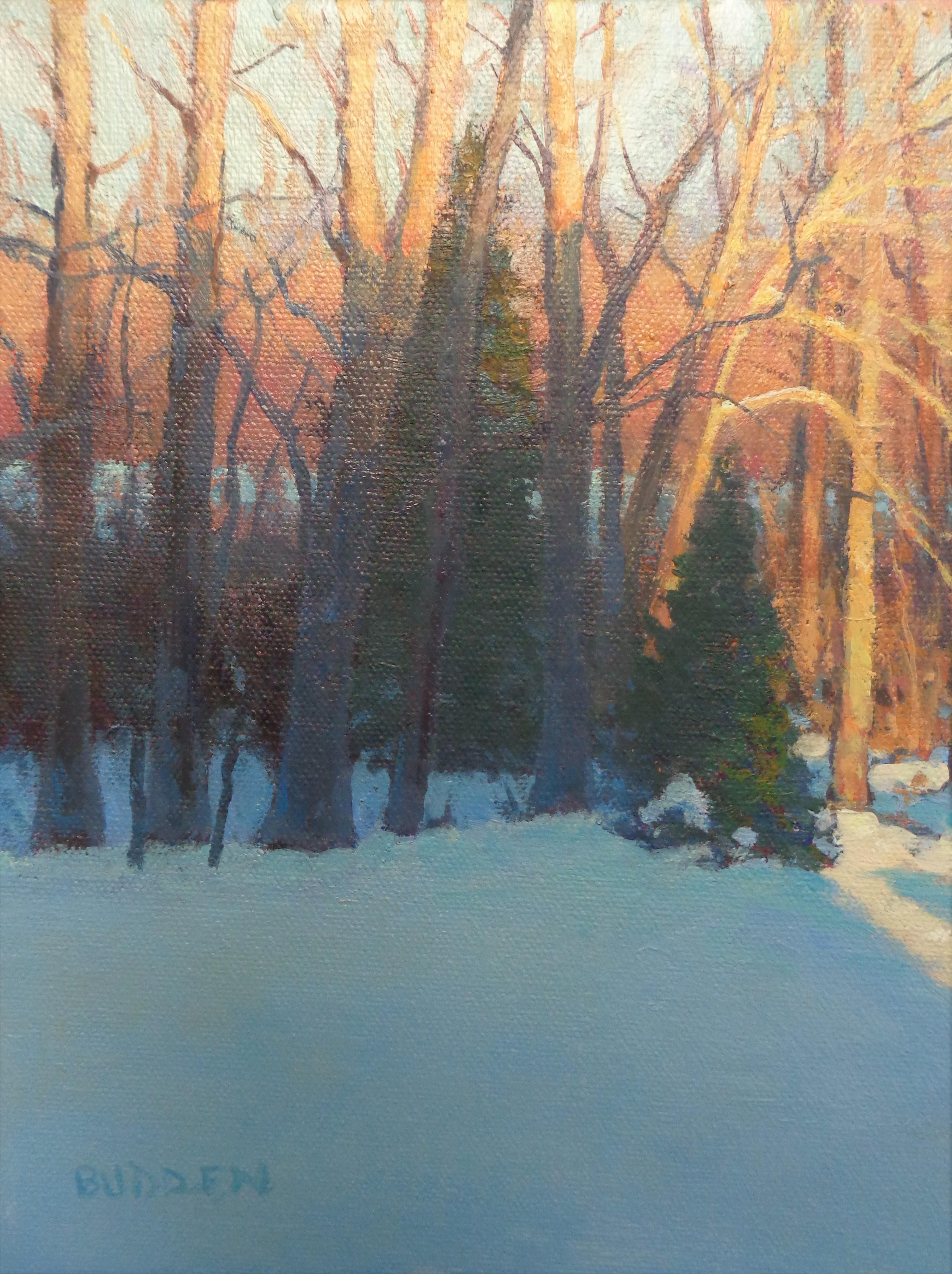 Paisaje invernal Pintura al óleo de Michael Budden Luz y sombra Árboles de invierno en venta 2