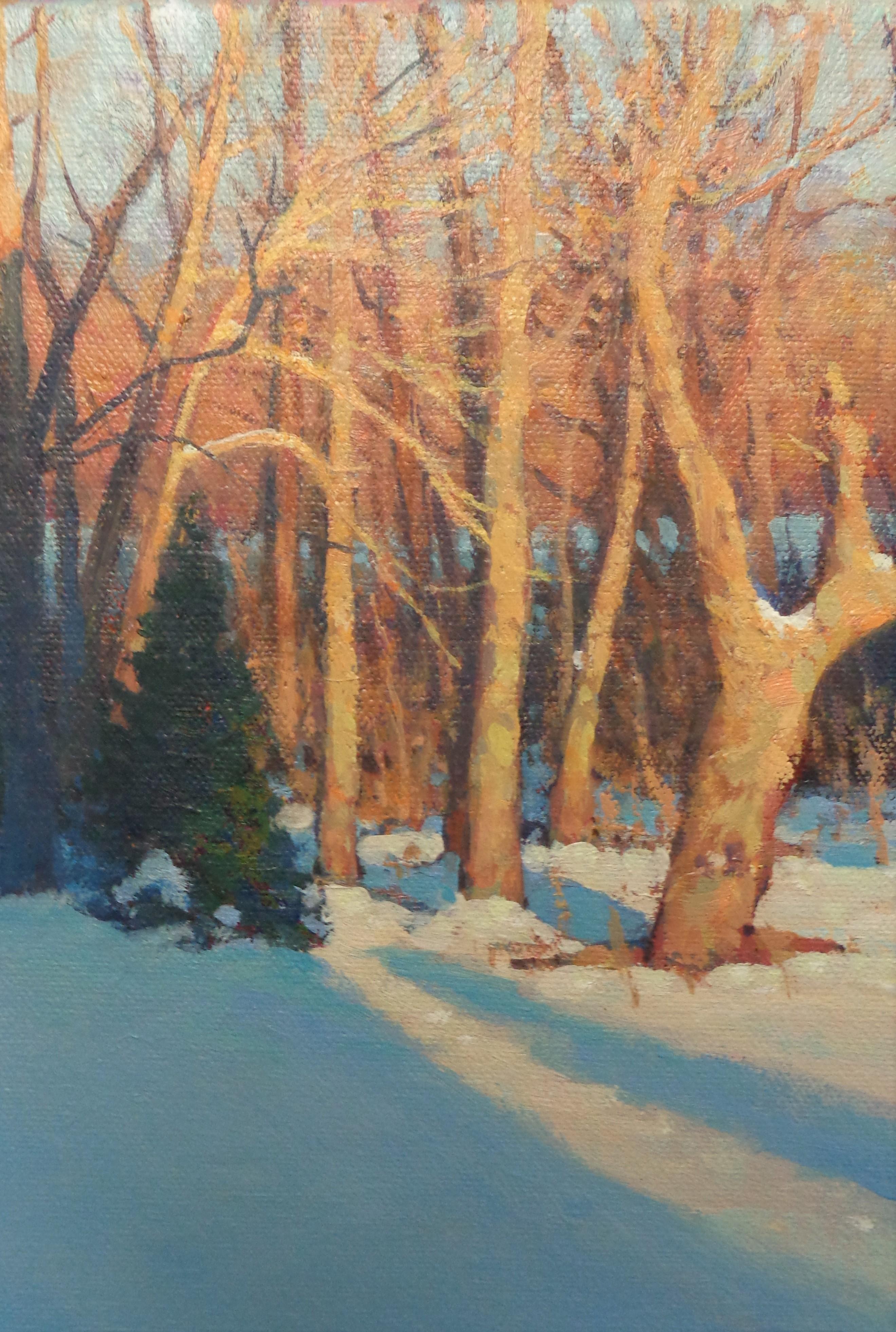   Winterlandschaft, Ölgemälde von Michael Budden, Sonnenlicht und Schatten, Winterbäume im Angebot 3