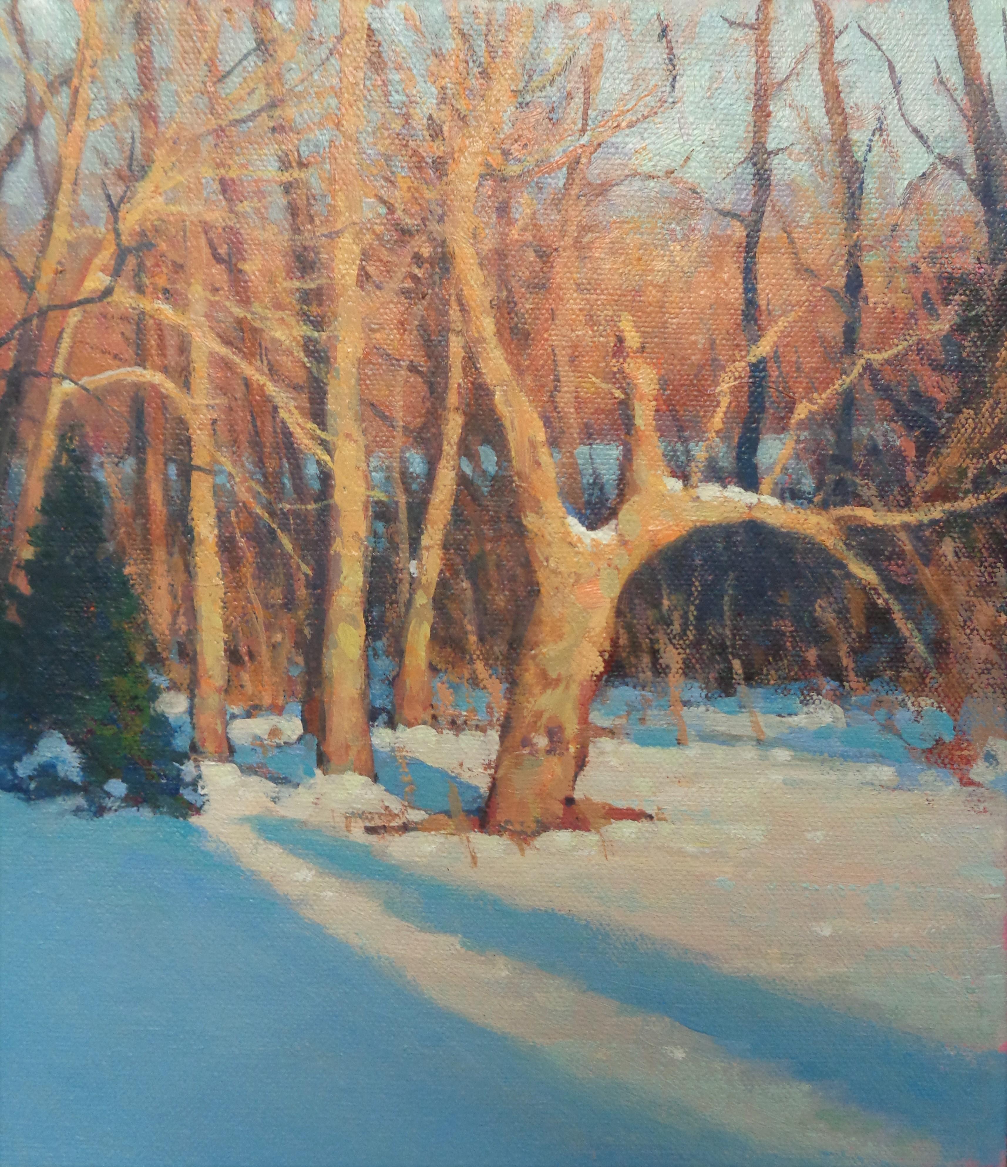   Winterlandschaft, Ölgemälde von Michael Budden, Sonnenlicht und Schatten, Winterbäume im Angebot 4