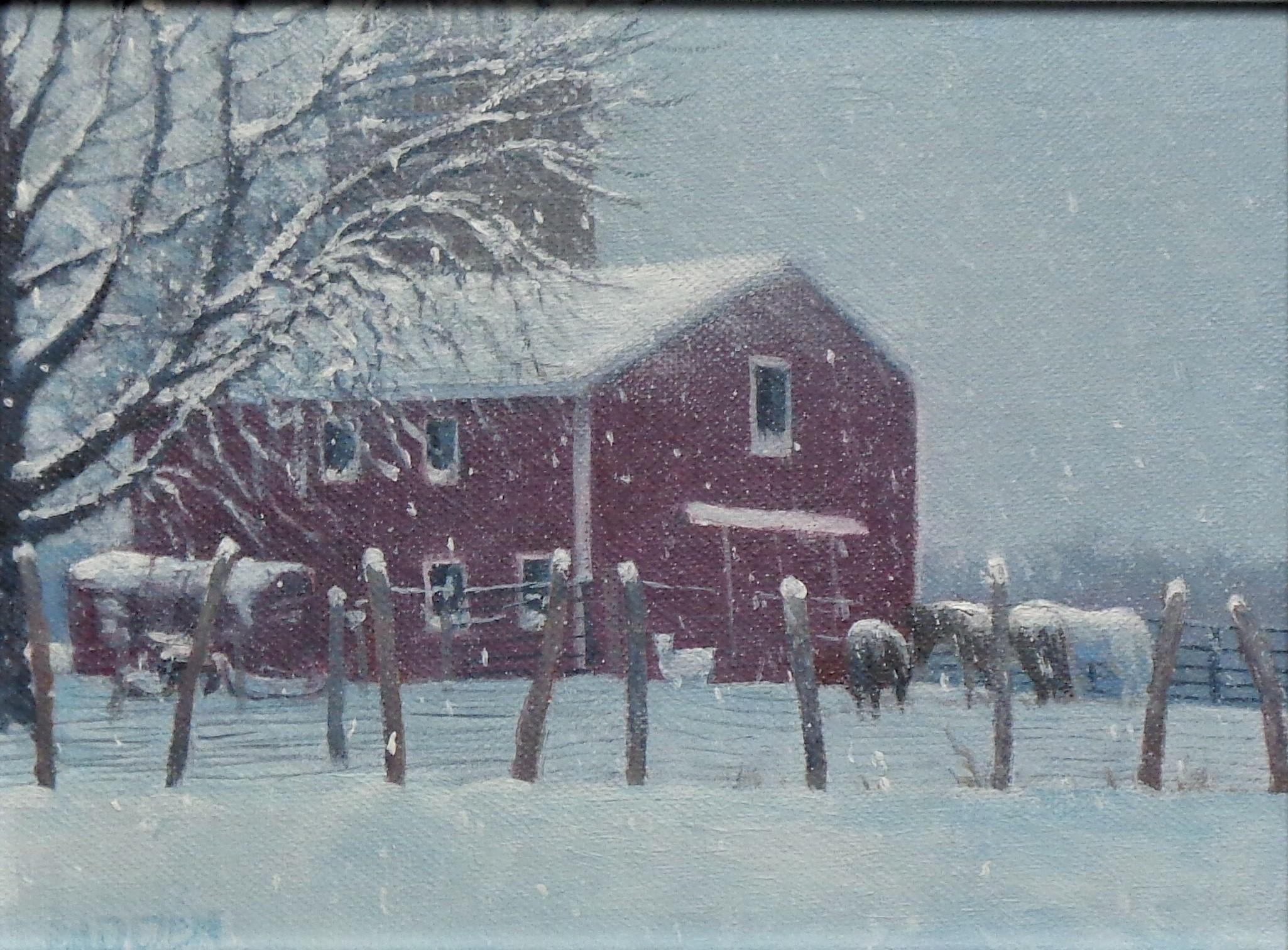 Paisaje invernal al óleo de Michael Budden Granja de invierno II en venta 1