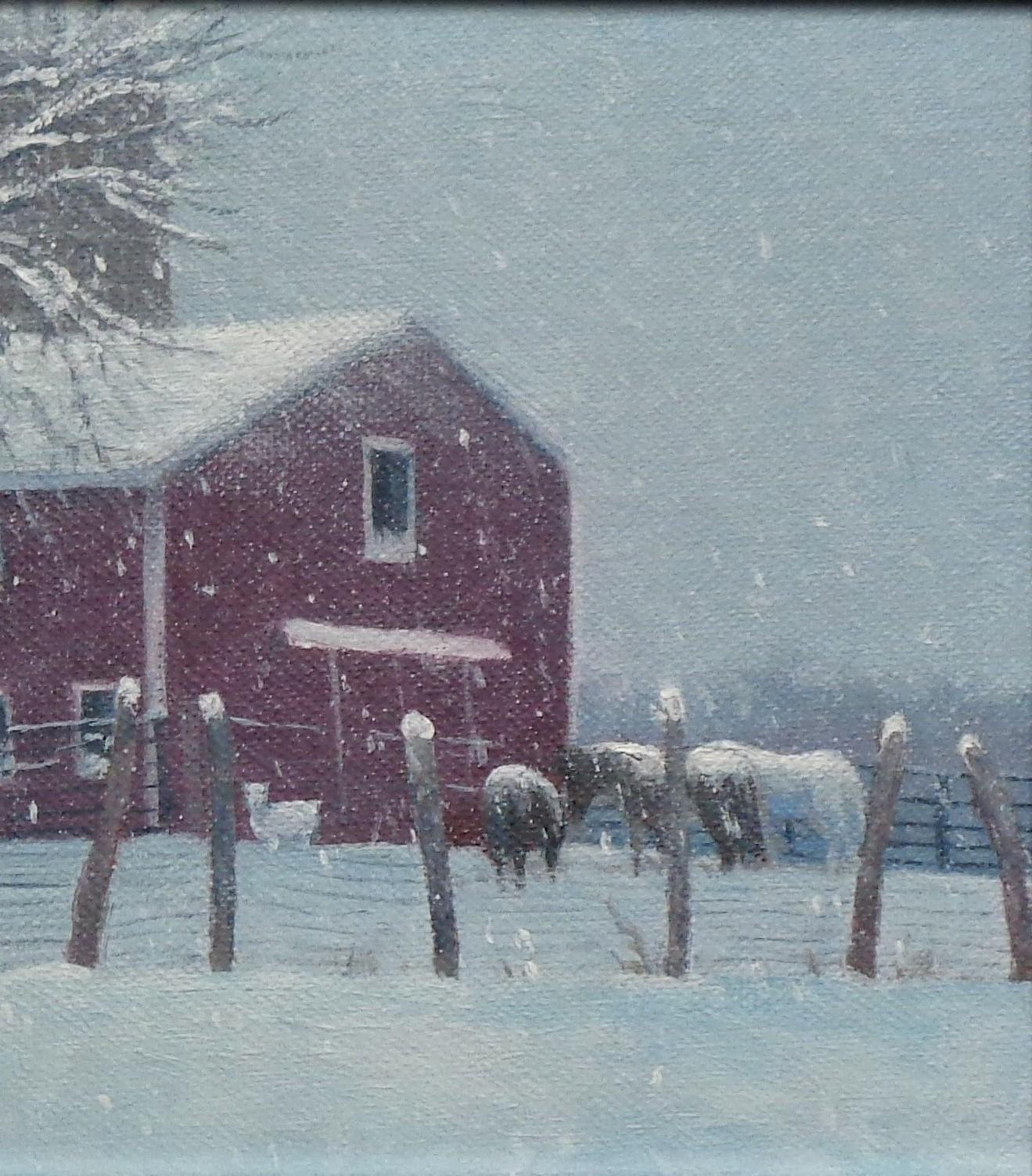 Paisaje invernal al óleo de Michael Budden Granja de invierno II en venta 3
