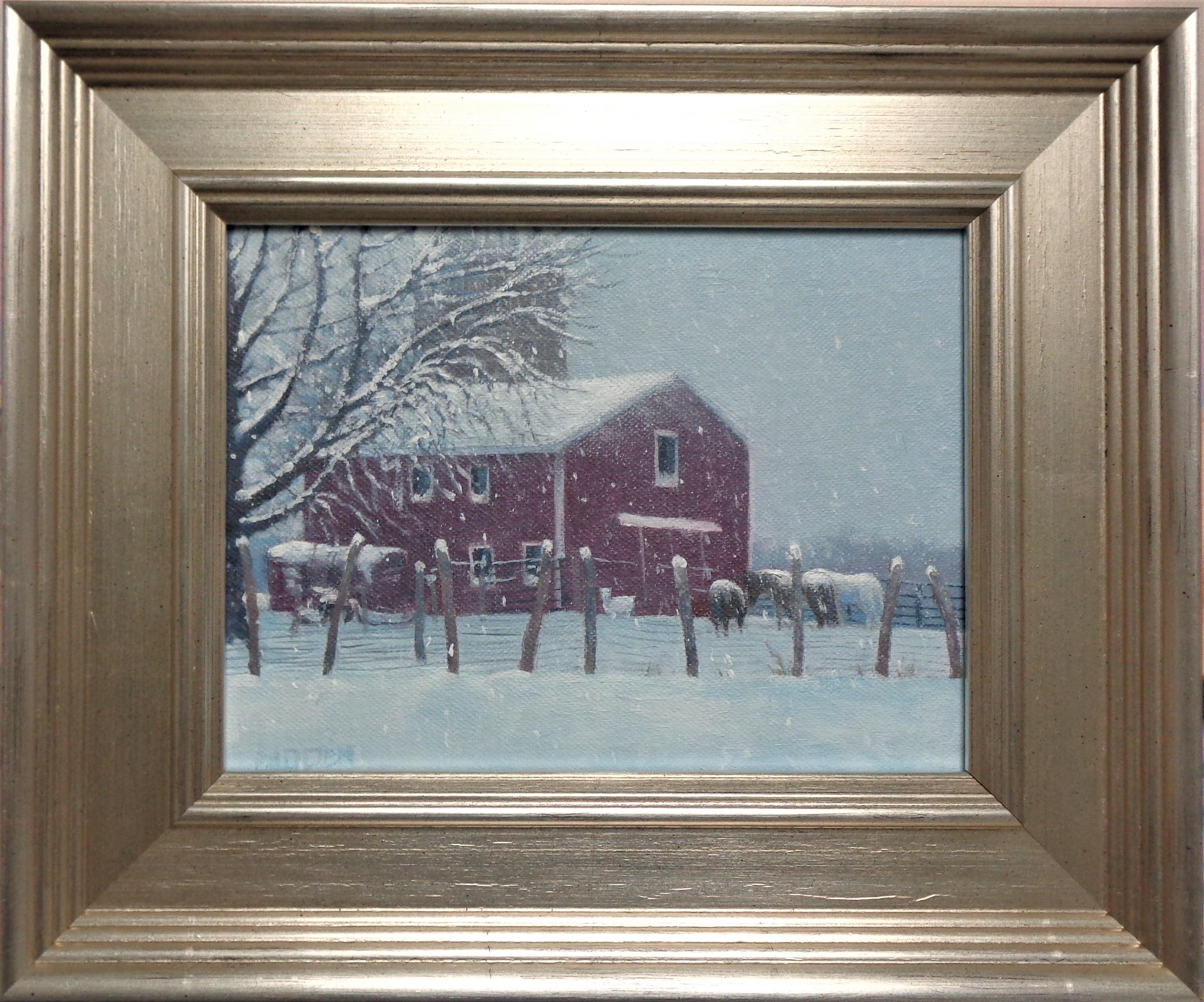 Winter Farm II
oil/canvas panel
6 x 8 image
I enjoy playing with light in my paintings and creating a mood while trying to push the range of color using subtle transitions like in the snow here in this winter scene. 
The frame has an aged antique