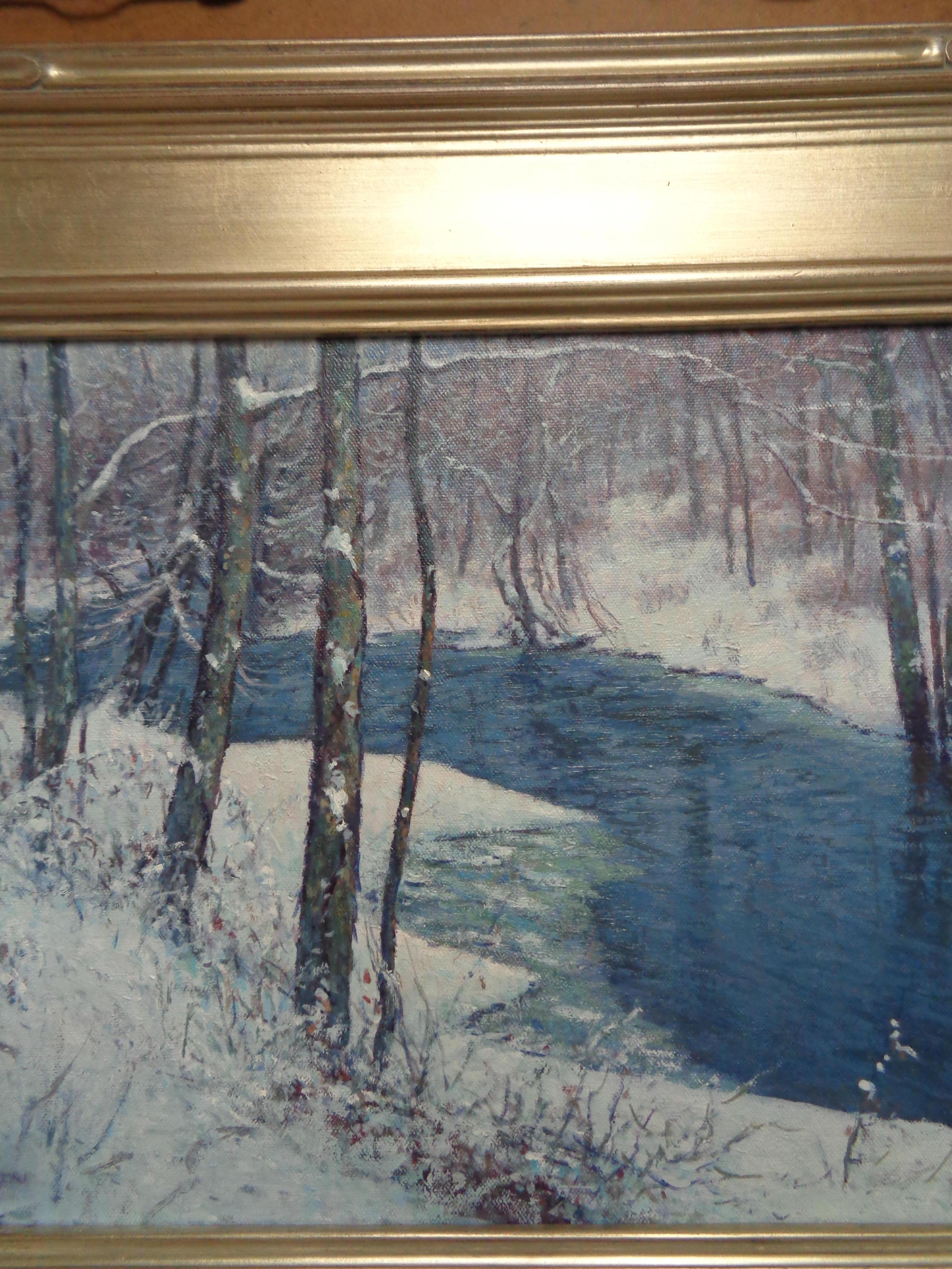 Winter Landscape Oil Painting  by Michael Budden Winter Stream Snow For Sale 1