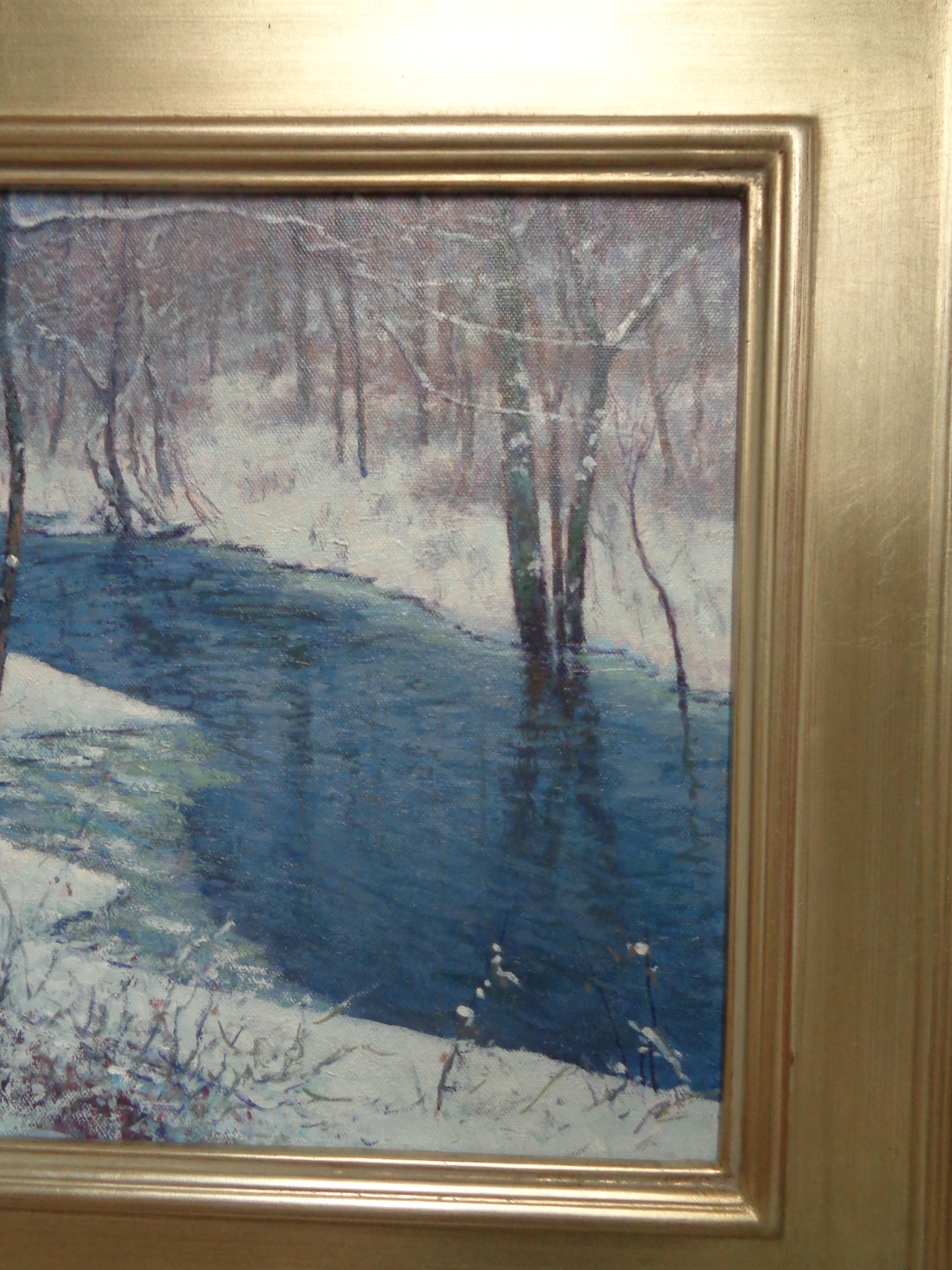 Winterlandschaft, Ölgemälde  Winter Stream Snow von Michael Budden im Angebot 3
