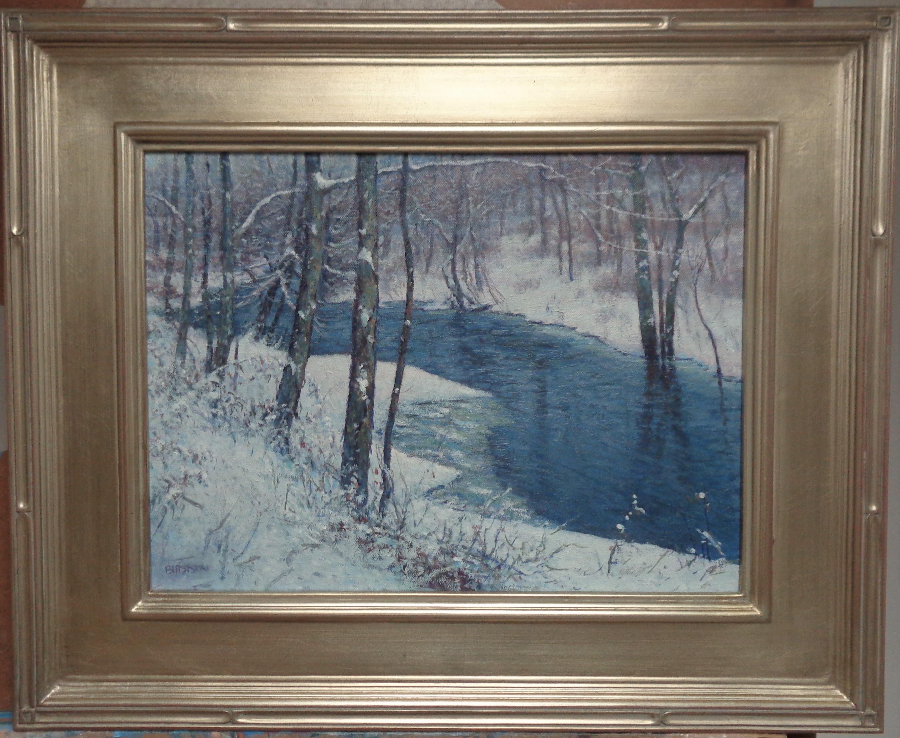 Arroyo del Invierno
óleo/lienzo  12 x 16 sin enmarcar, 18,5 x 22,5 enmarcada
Un óleo sobre lienzo del galardonado artista contemporáneo Michael Budden que muestra un hermoso paisaje invernal y un arroyo crecido lleno de hielo tras una gran nevada