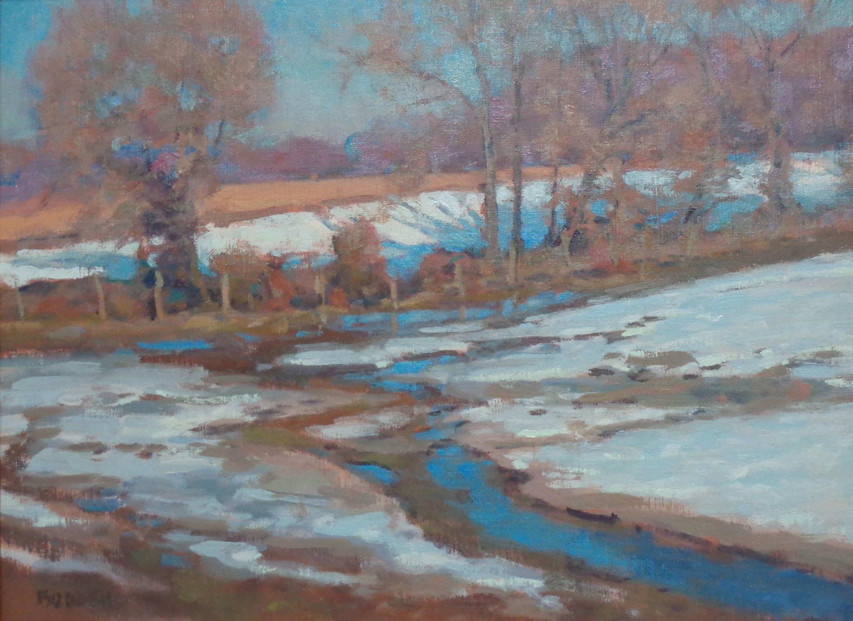 Winterlandschaft, Ölgemälde von Michael Budden, Wintersonne im Angebot 1