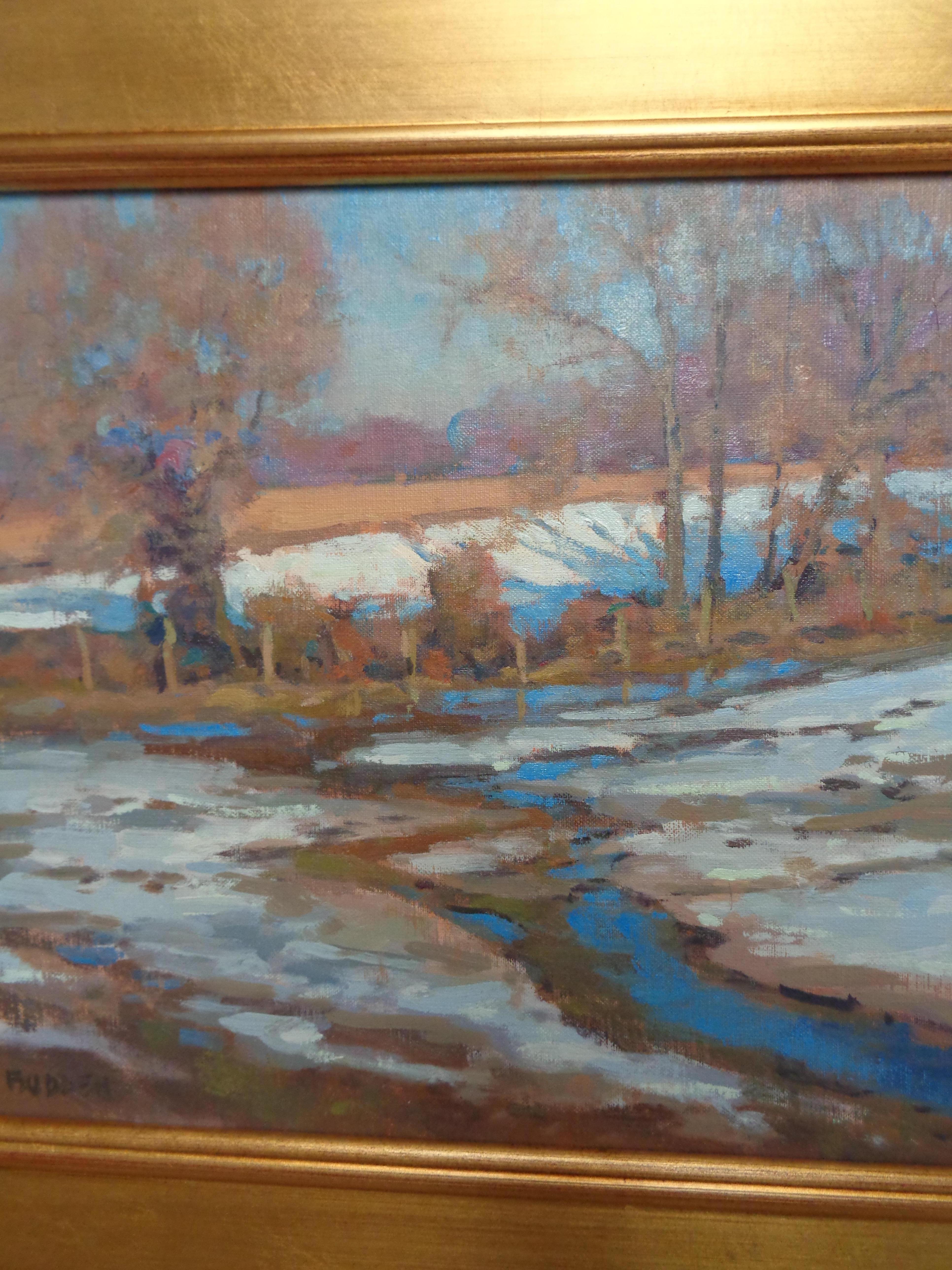 Winterlandschaft, Ölgemälde von Michael Budden, Wintersonne im Angebot 3