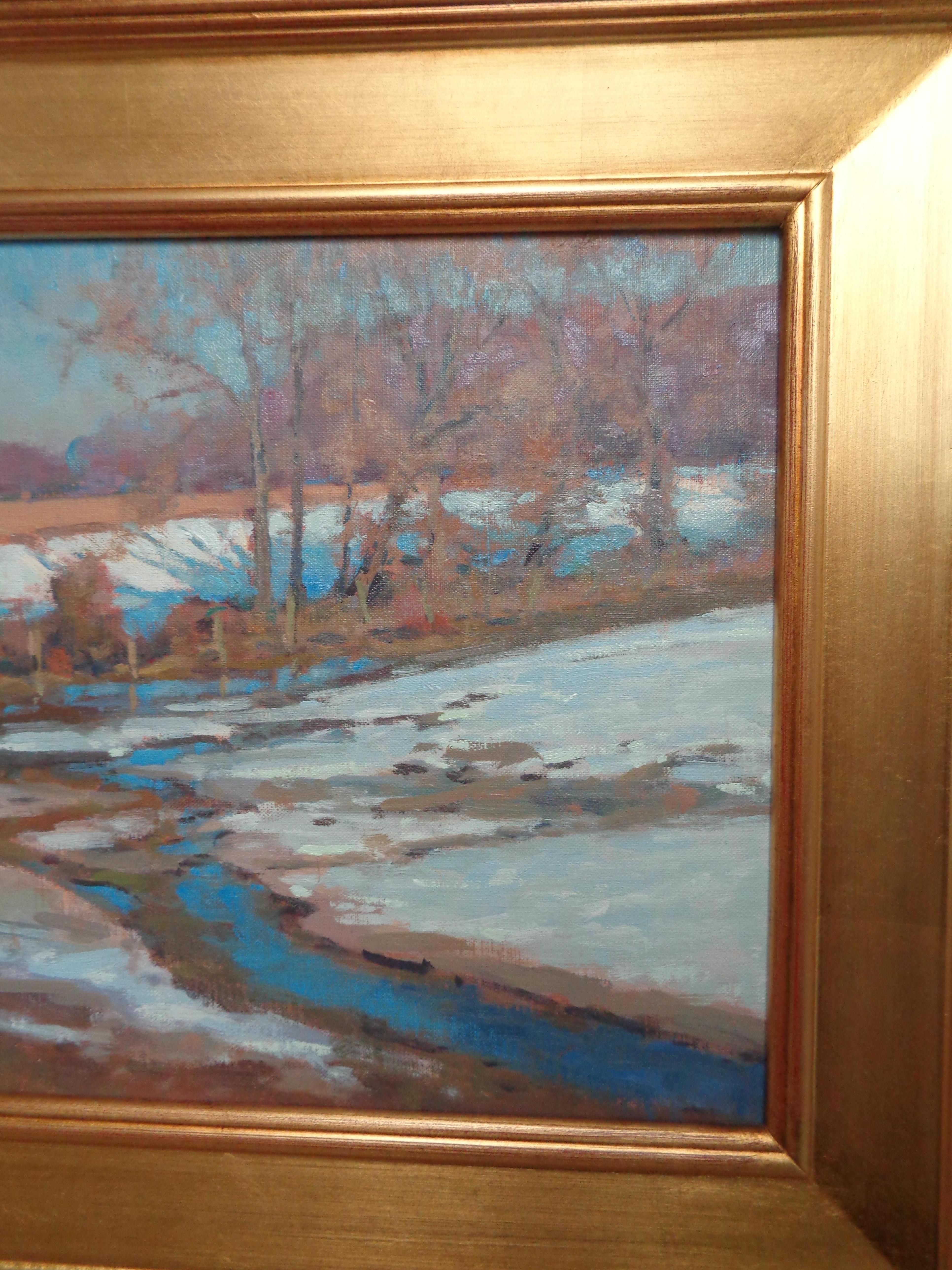 Winterlandschaft, Ölgemälde von Michael Budden, Wintersonne im Angebot 4