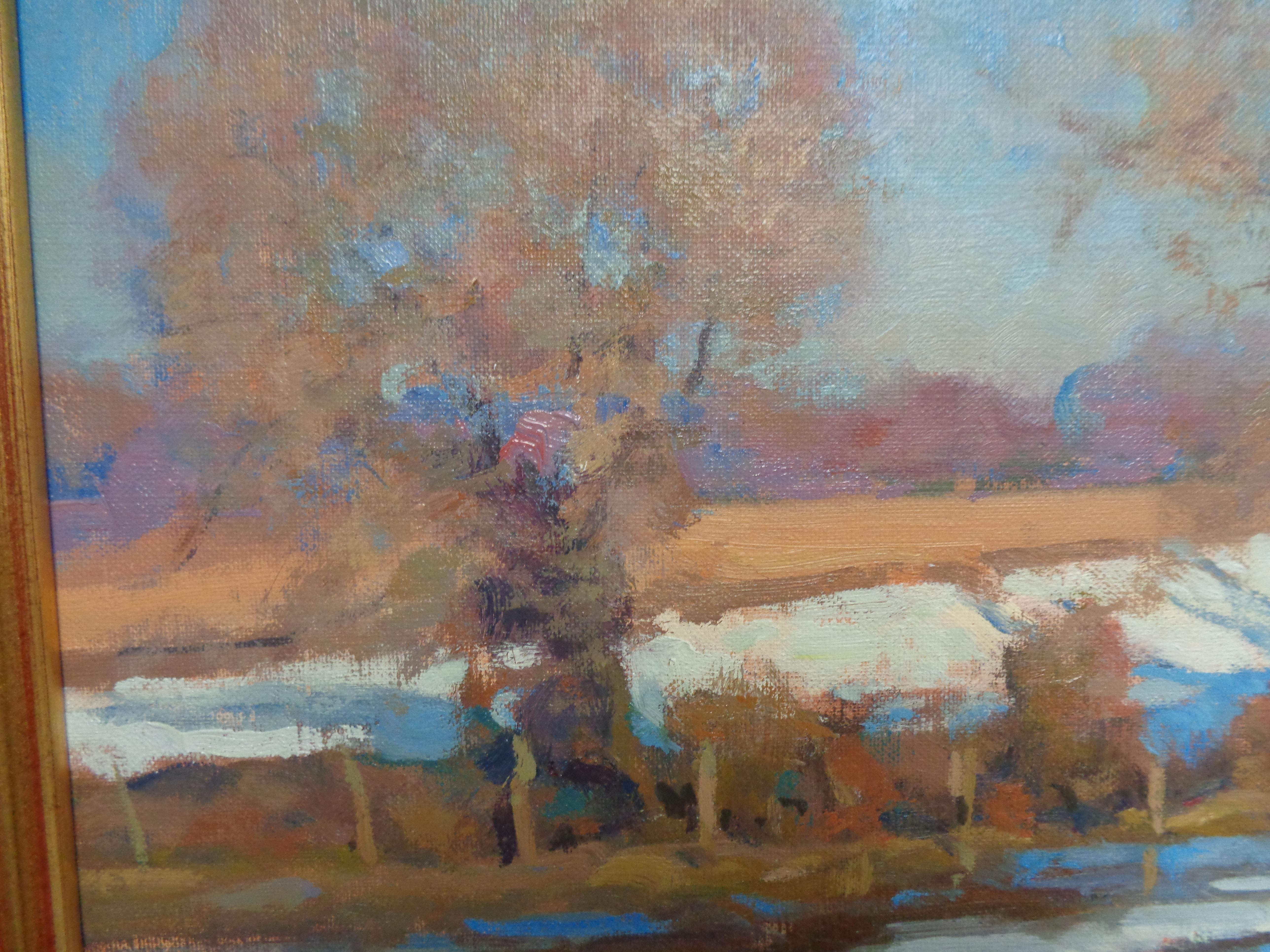 Winterlandschaft, Ölgemälde von Michael Budden, Wintersonne im Angebot 5