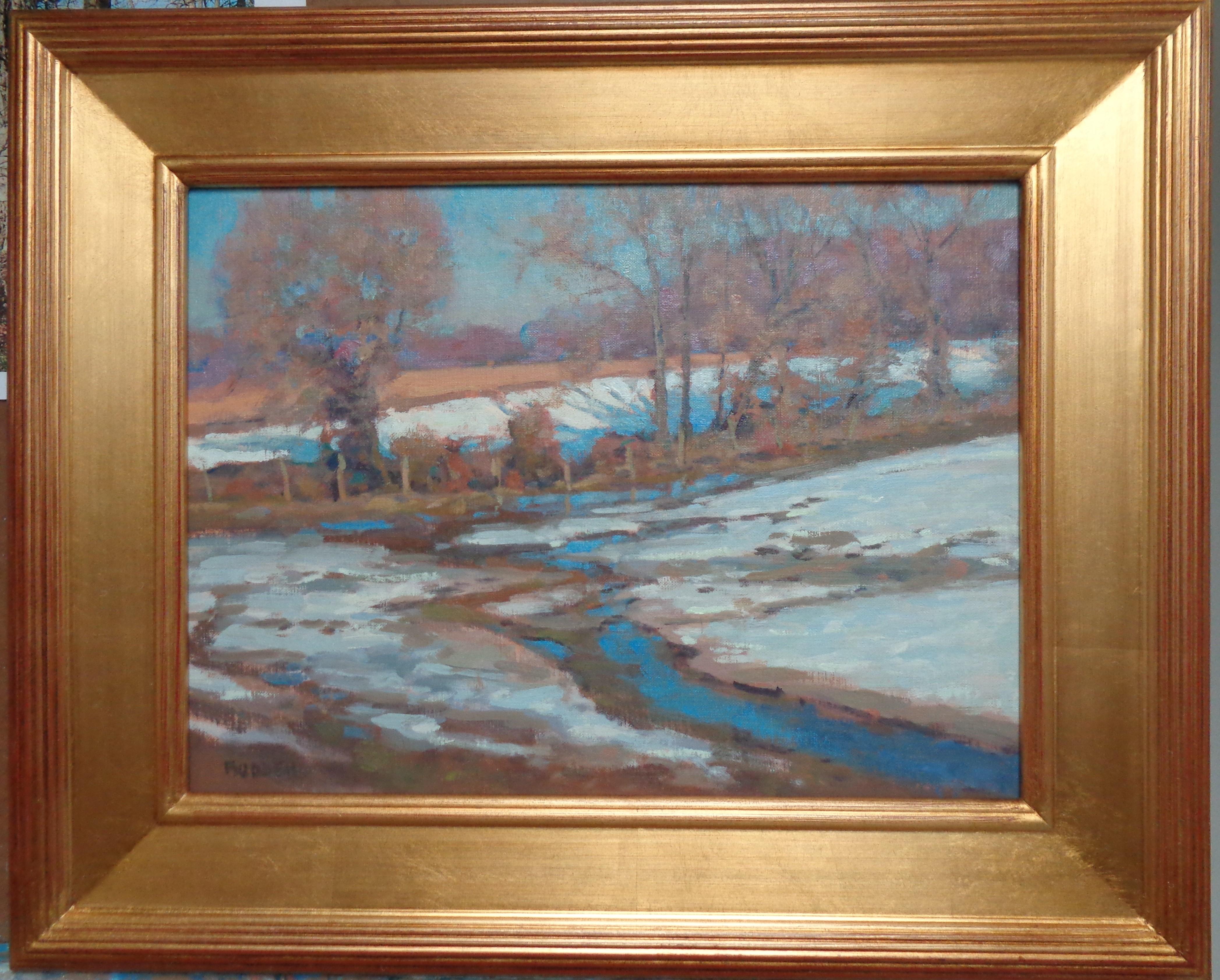 Winter Sun
oil/ canvas panel
12 x 16 image unframed, 18.5 x 22.5 framed
I enjoy playing with light in my paintings and creating a mood while trying to push the range of color using subtle transitions like in the snow and water reflections here in