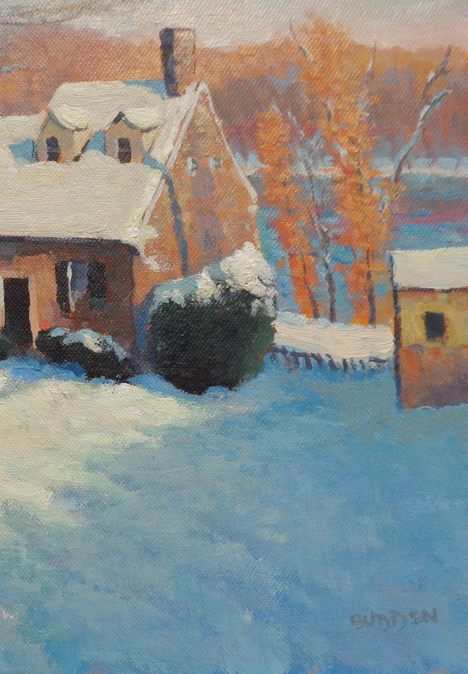 Paesaggio invernale dipinto a olio Michael Budden  Lumberville Bucks Co Del. Fiume in vendita 3