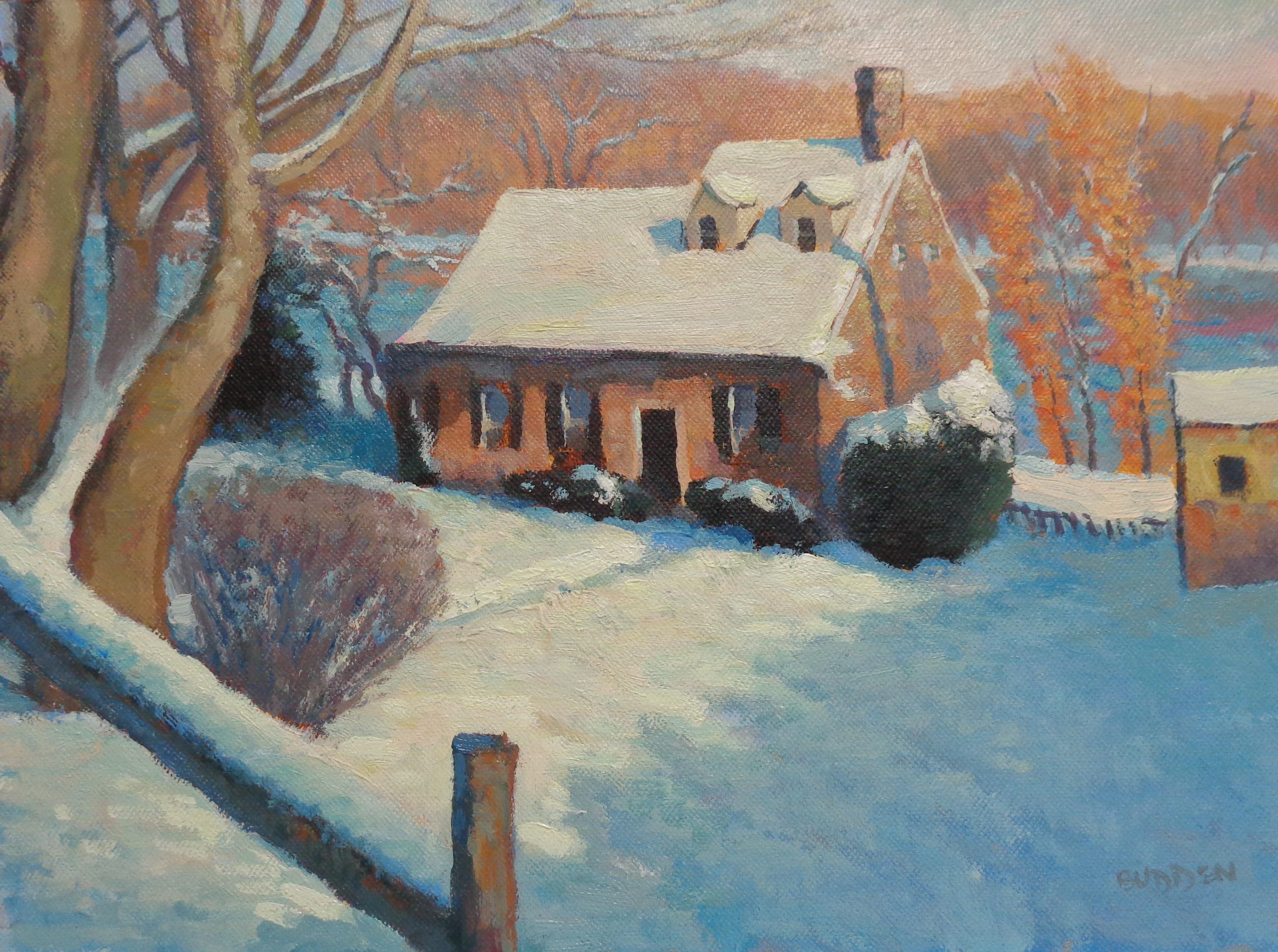 Hier ist eine Winterlandschaftsstudie eines Hauses in Lumberville, PA, am Delaware River, die gerade überarbeitet wurde. Mir gefällt besonders das Spiel der warmen und kühlen Farben, das durch das Licht am späten Nachmittag entsteht. Das Gemälde ist