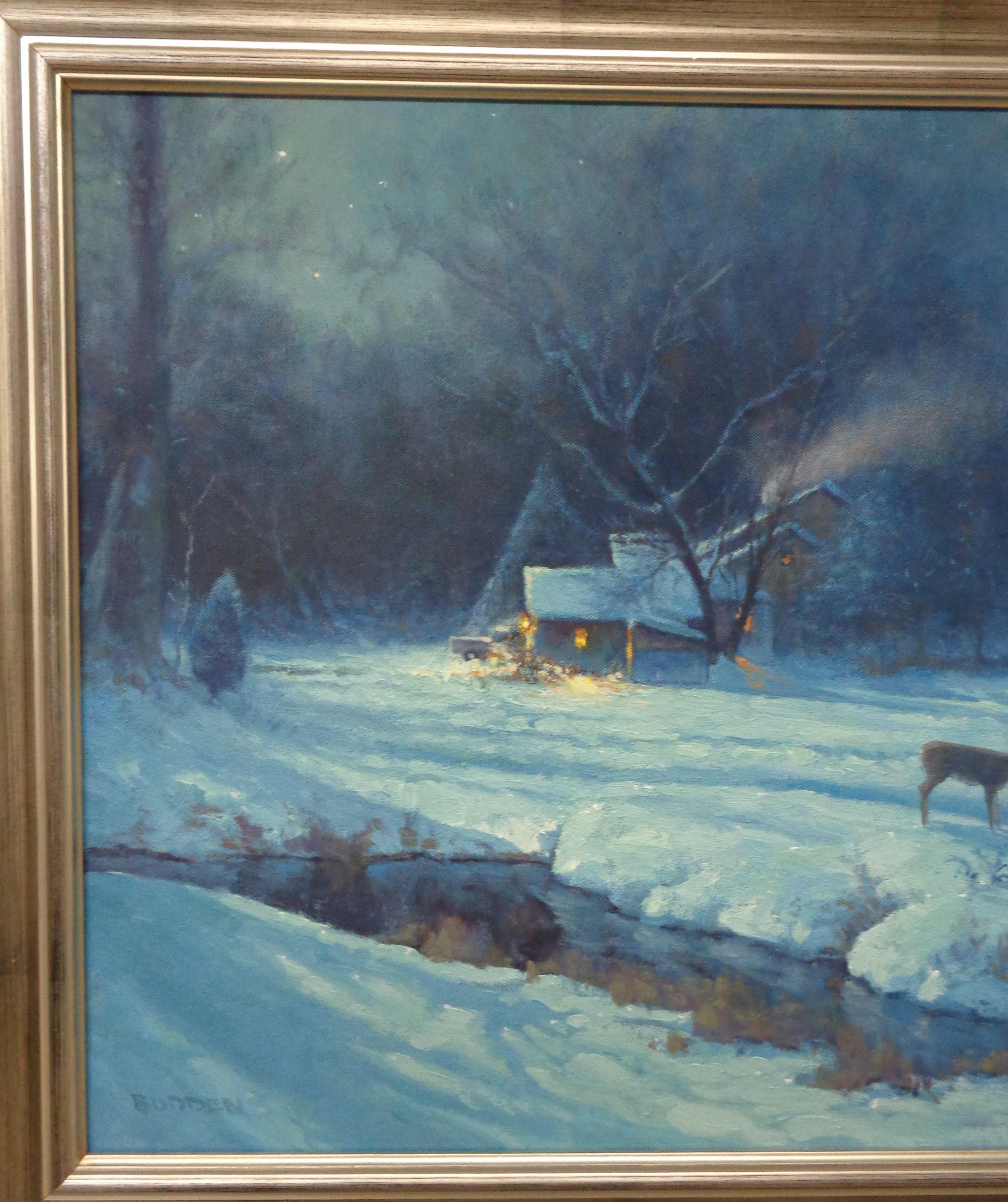 Paesaggio invernale dipinto a olio Michael Budden Neve Luna Stelle Cabine Cervi in vendita 1