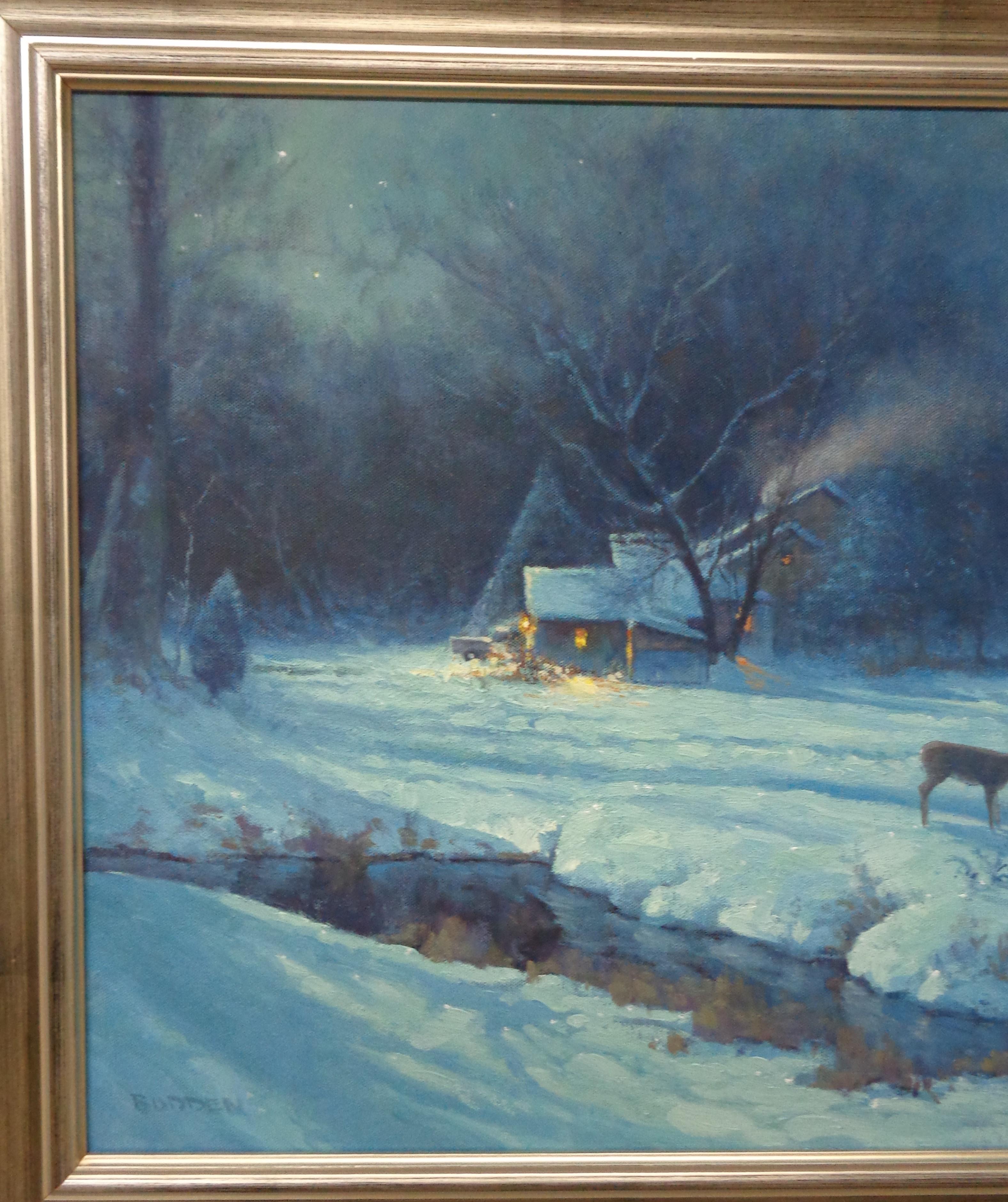   Winterlandschaft, Ölgemälde Michael Budden, Schnee-Mondlicht, Sterne, Cabin Deer, Winterlandschaft im Angebot 1