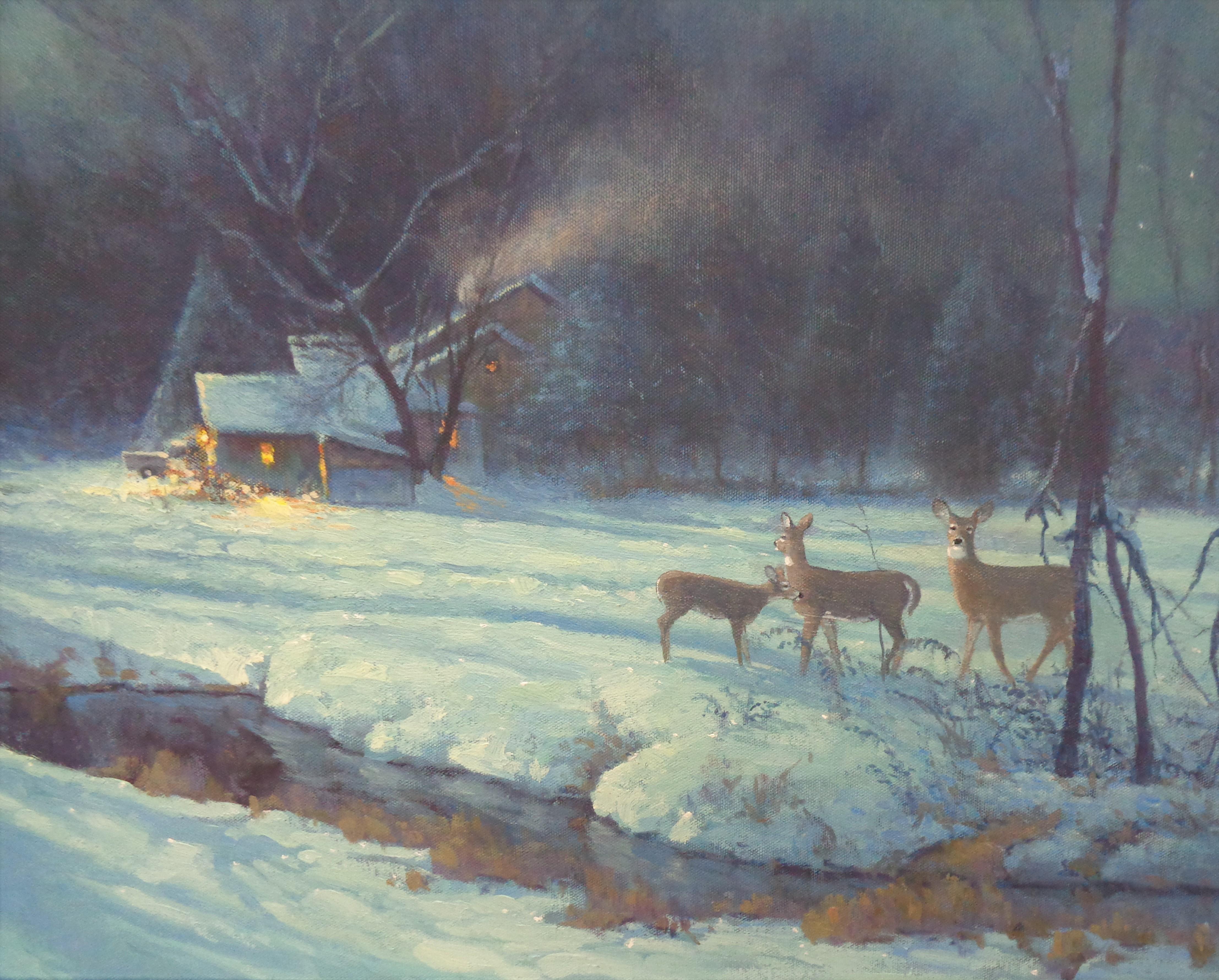 Winter Landscape Oil Painting Michael Budden Snow Moonlight Stars Cabin Deer For Sale 1