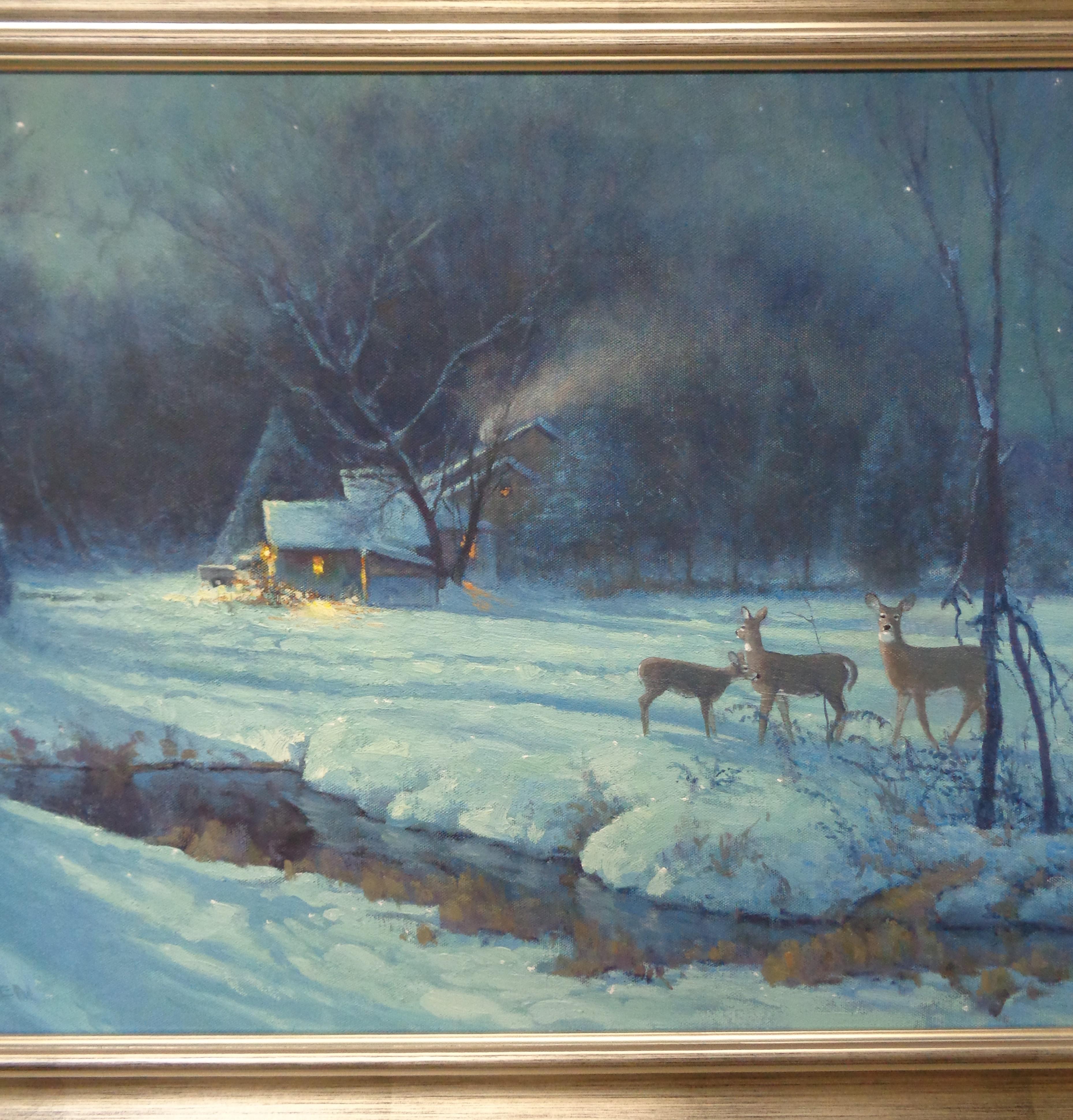   Winter Landscape Oil Painting Michael Budden Snow Moonlight Stars Cabin Deer For Sale 2