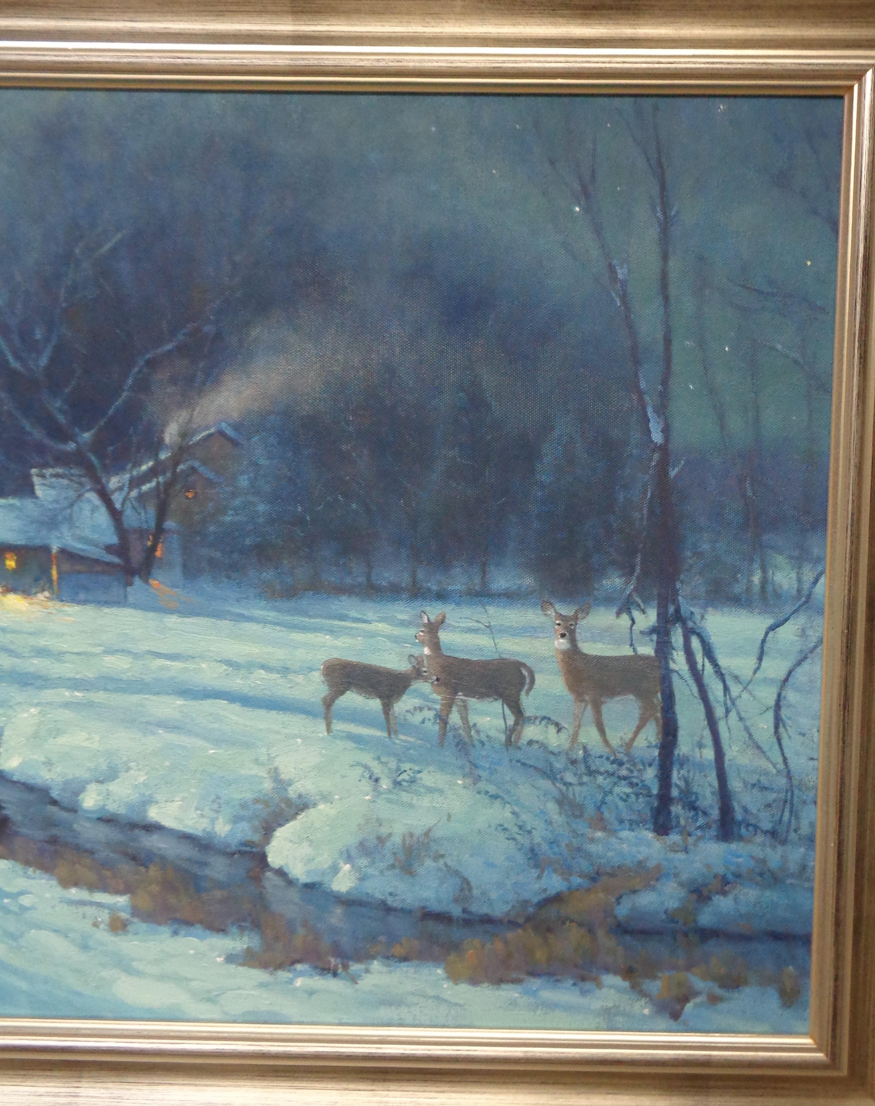   Winter Landscape Oil Painting Michael Budden Snow Moonlight Stars Cabin Deer For Sale 3