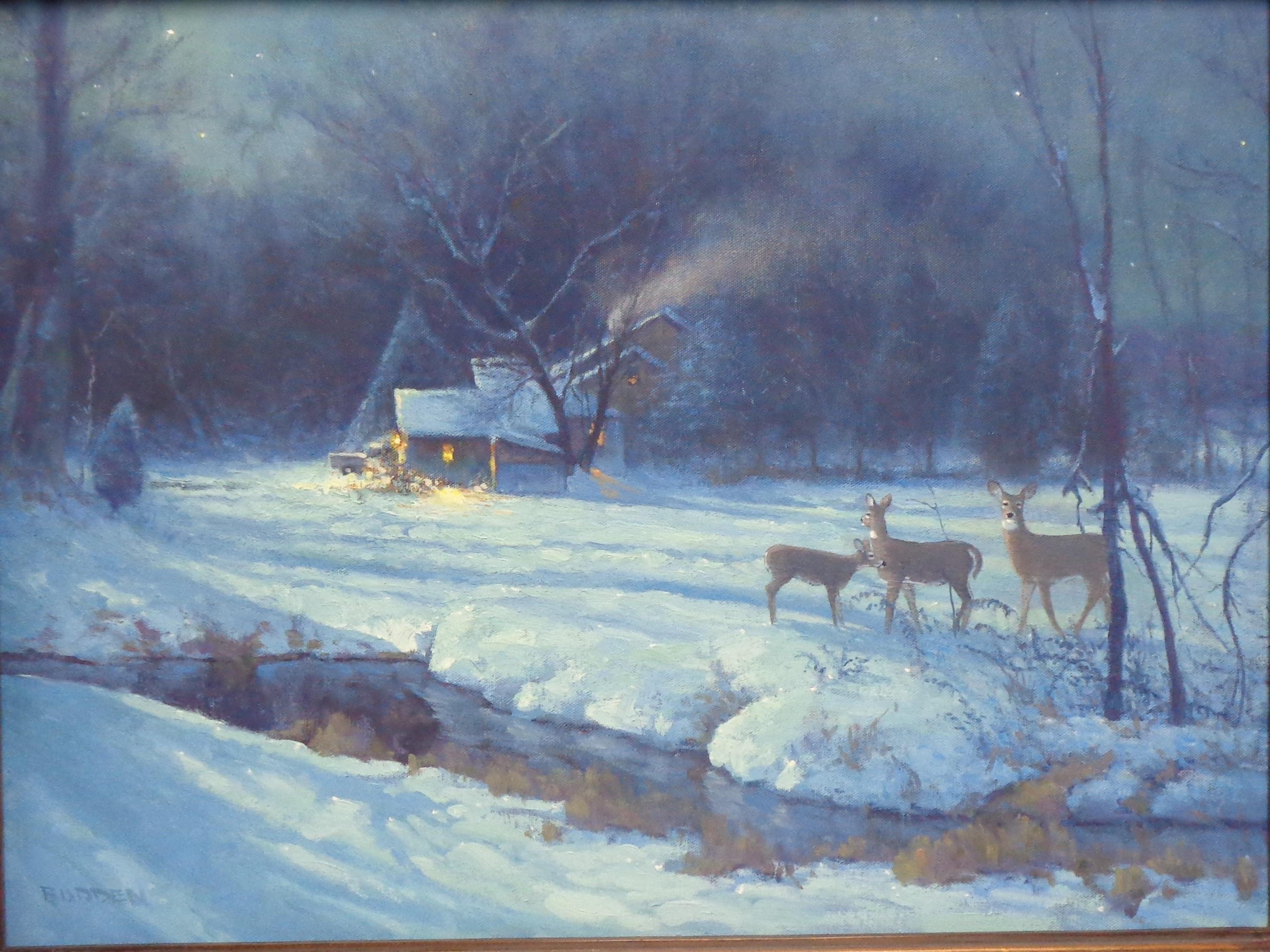 Winter Landscape Oil Painting Michael Budden Snow Moonlight Stars Cabin Deer For Sale 3