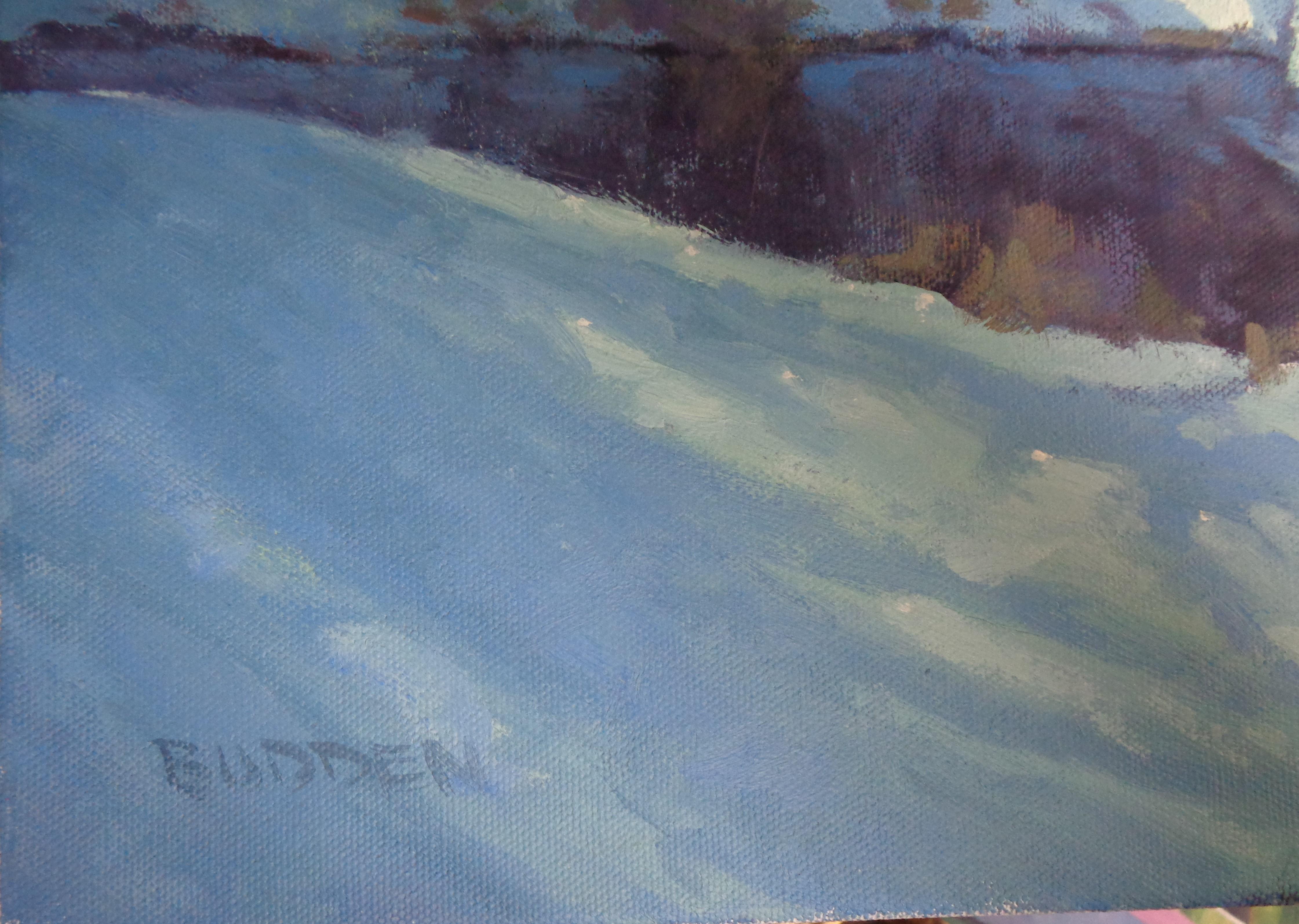 Peinture à l'huile de Michael Budden, paysage d'hiver, clair de neige, étoiles, cabane, cerf en vente 7