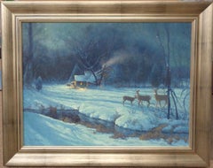   Peinture à l'huile de Michael Budden, paysage d'hiver, clair de neige, étoiles, cabane, cerf