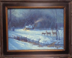 Winter Landscape Oil Painting Michael Budden Snow Moonlight Stars Cabin Deer