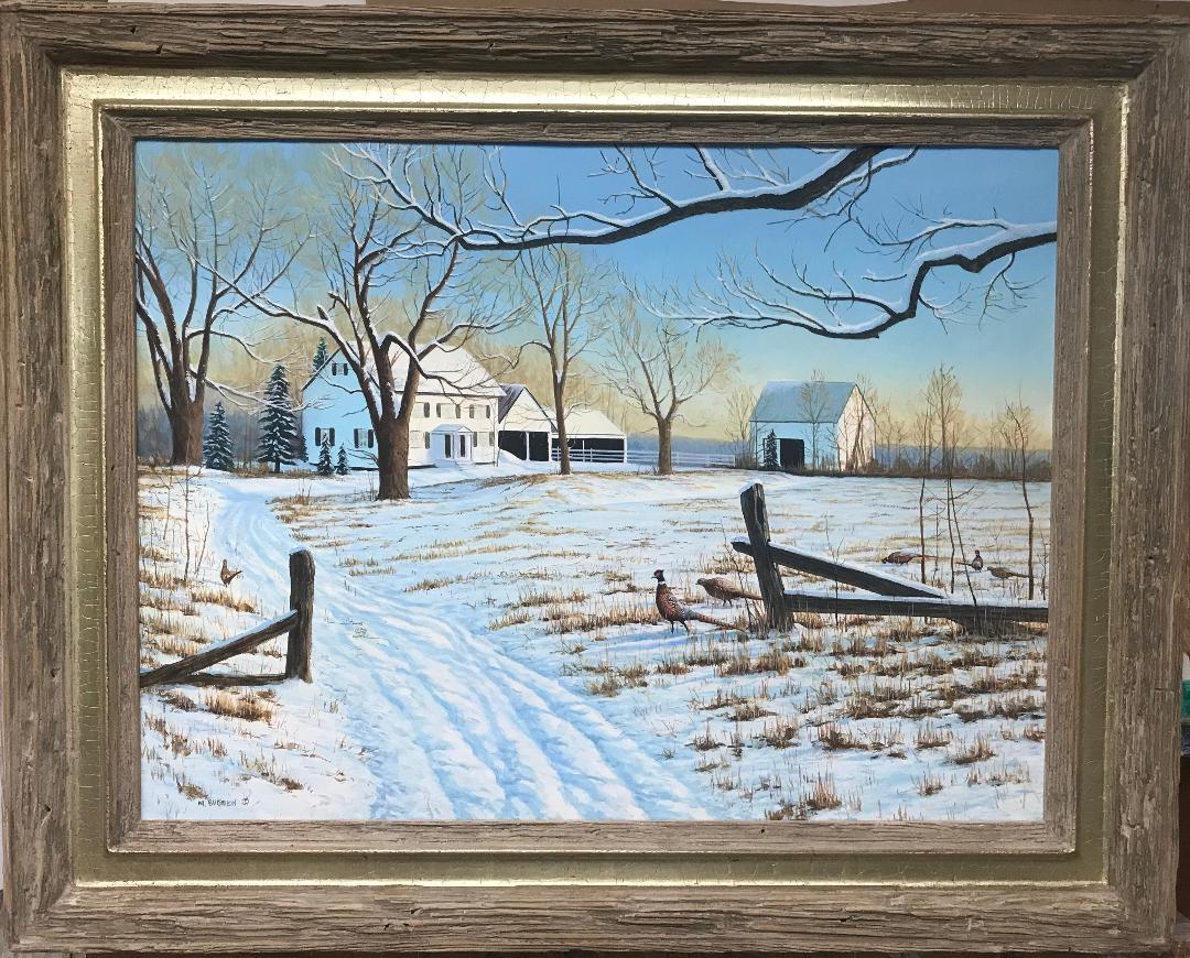 Winter Pheasant is an acrylic painting by award winning contemporary artist Michael Budden that showcases a flock of pheasant in their natural environment created in an impressionistic realism style housed in an original Walter Skor frame made when