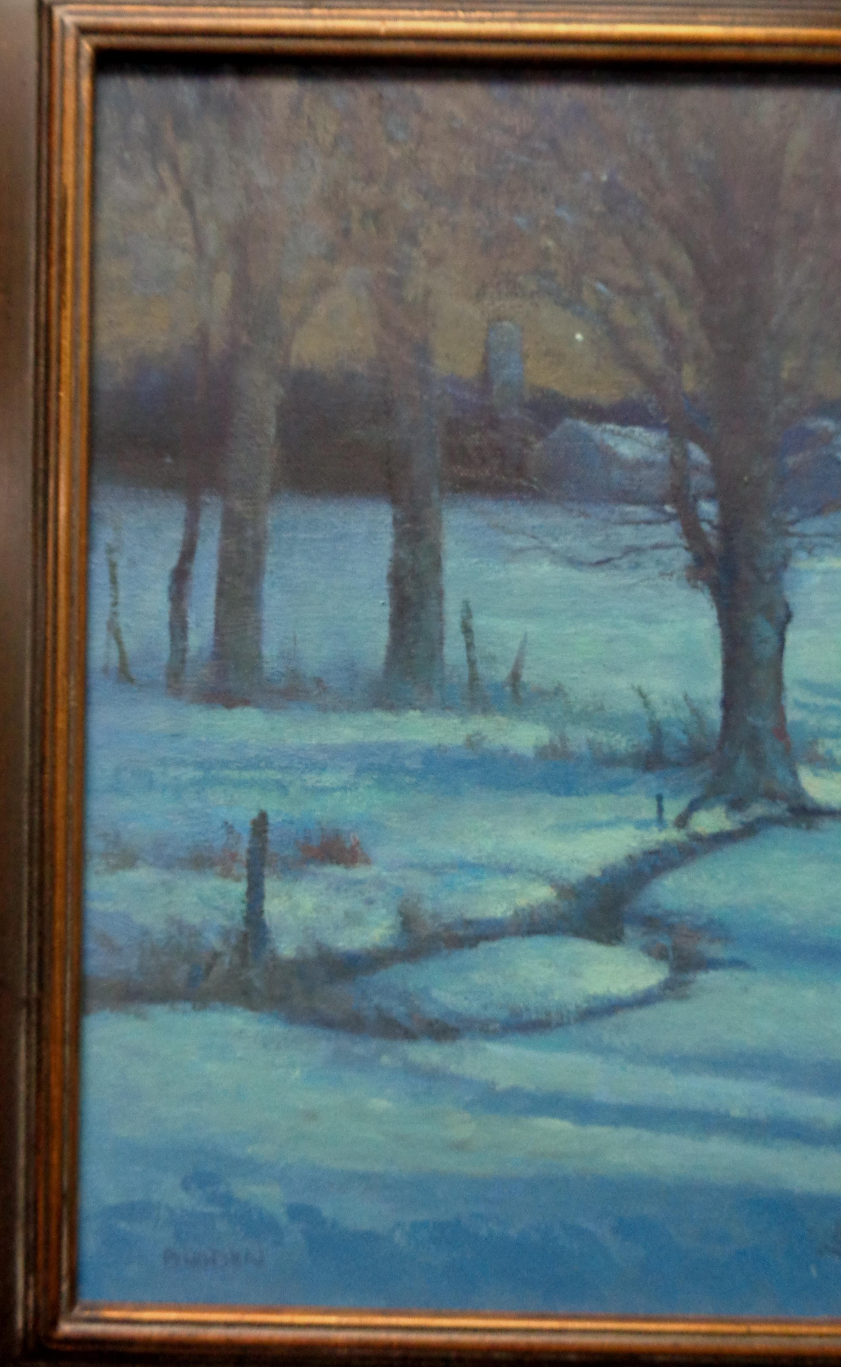  Winter Moonlight Nocturne Snow Scene Landscape Oil Painting by Michael Budden For Sale 1