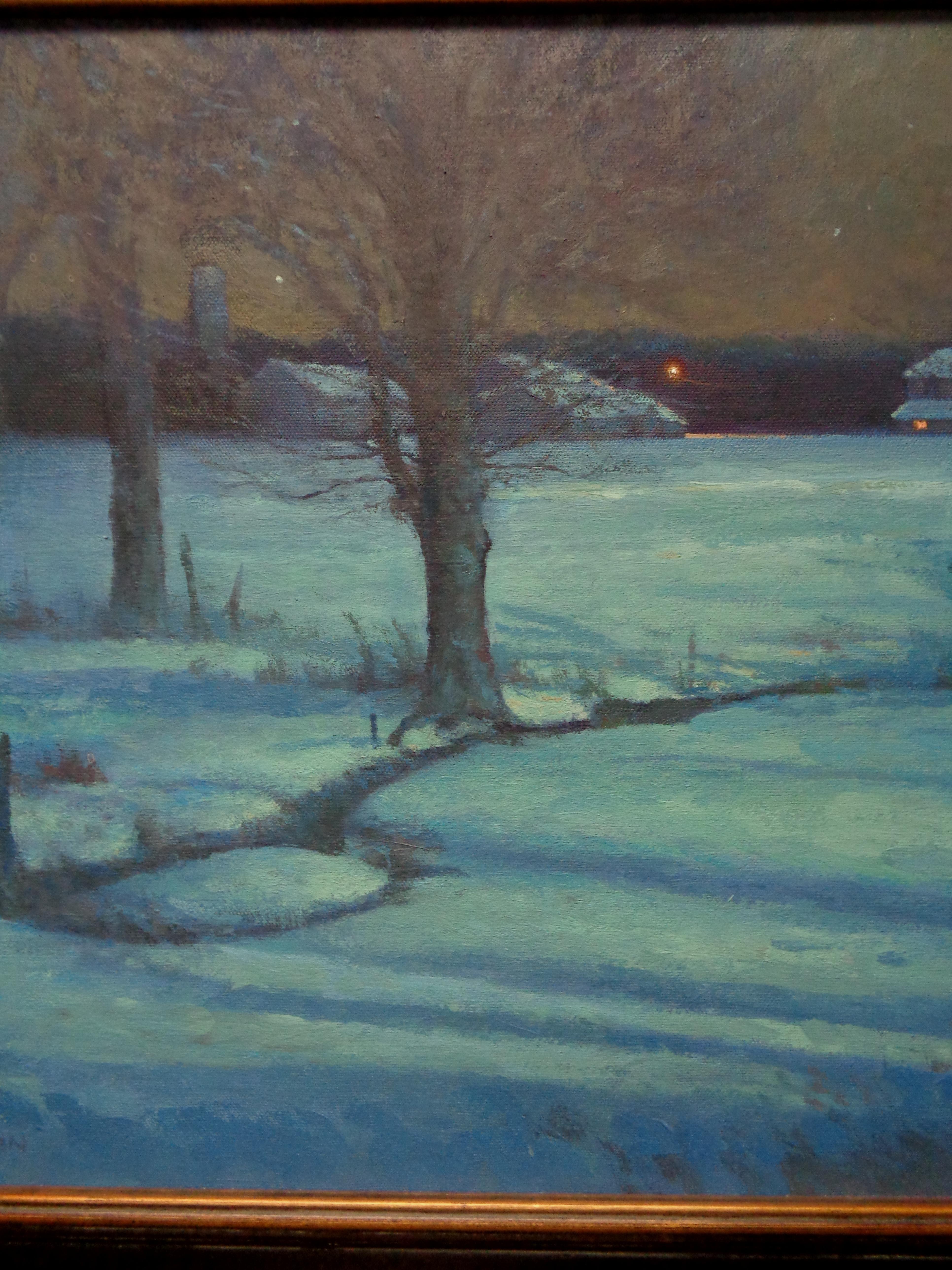  Winter Moonlight Nocturne Snow Scene Landscape Oil Painting by Michael Budden For Sale 2