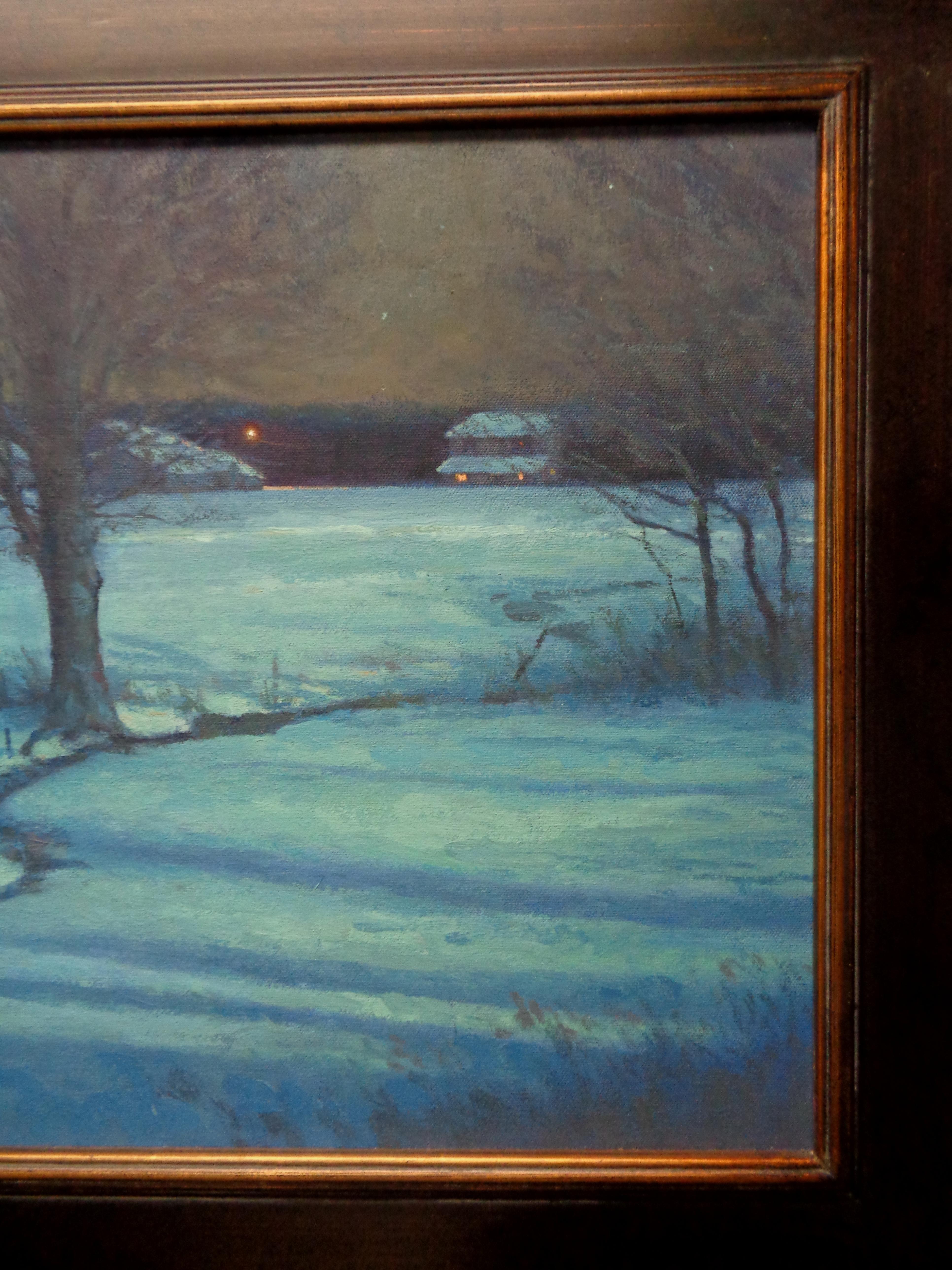 Winter Moonlight Nocturne Snow Scene Landscape Oil Painting by Michael Budden For Sale 3