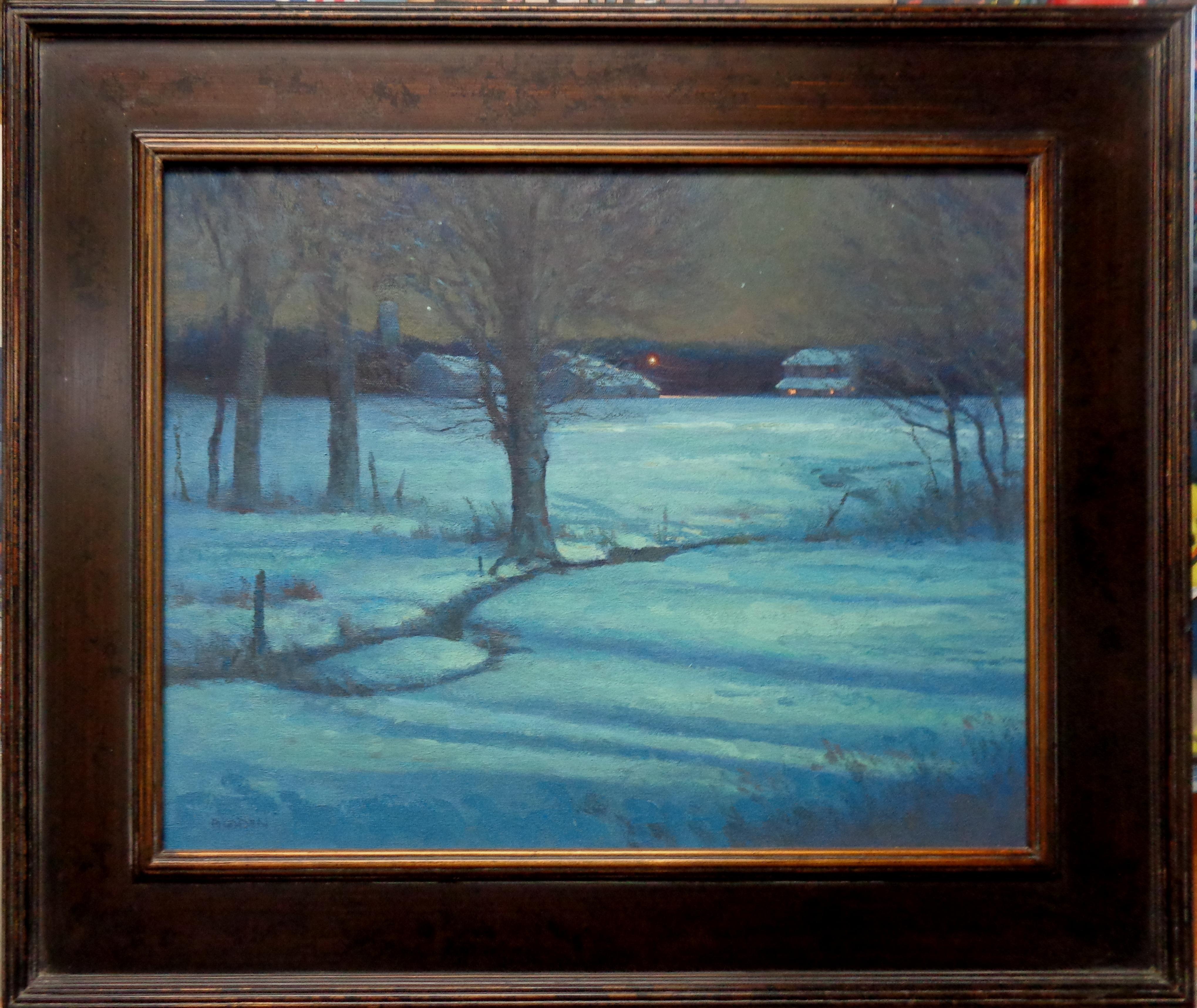 An oil painting on canvas by award winning contemporary artist Michael Budden that showcases a beautiful winter nocturne landscape.  The long foreground shadows accent the effect of moonlight on the scene with the farm in the background suggests