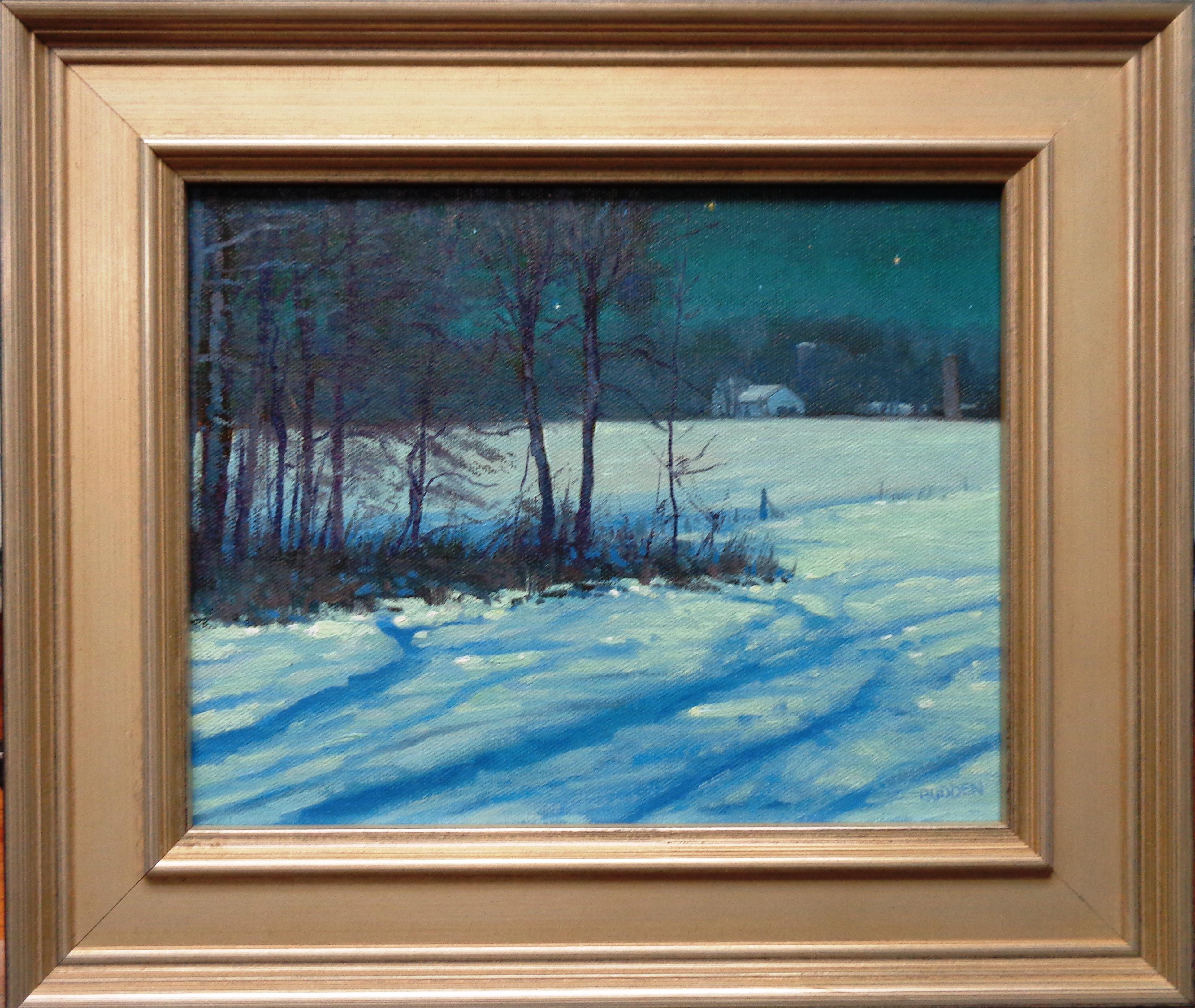 Shadow & Stars is an oil painting on canvas by award winning contemporary artist Michael Budden that showcases a beautiful winter nocturne landscape with the moonlight effect casting long shadows. The image measures 8 x 10 unframed and 11.50 x 13.75