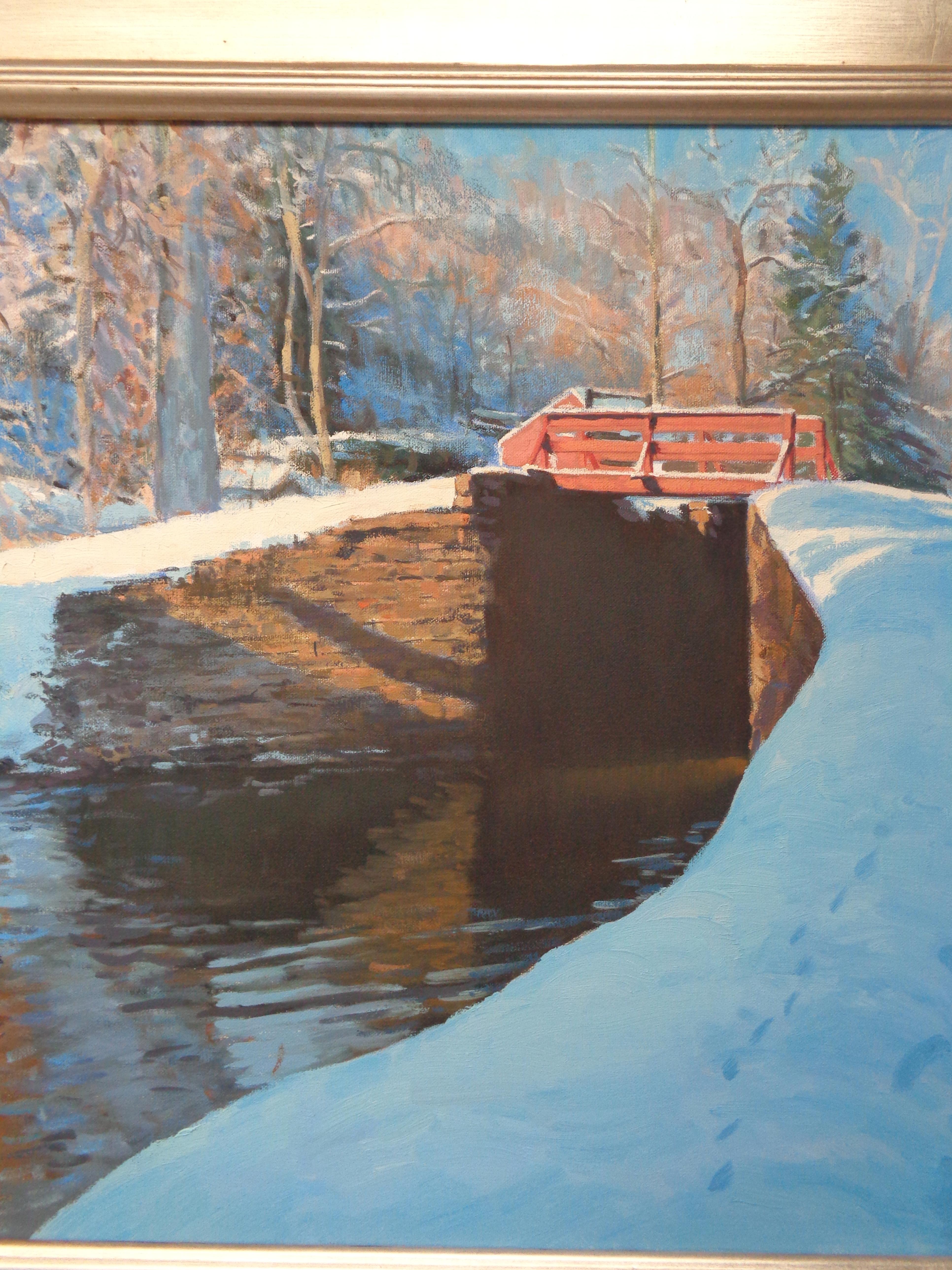 Winter Snow Scene Contemporary Bucks Co Landscape Oil Painting by Michael Budden For Sale 2