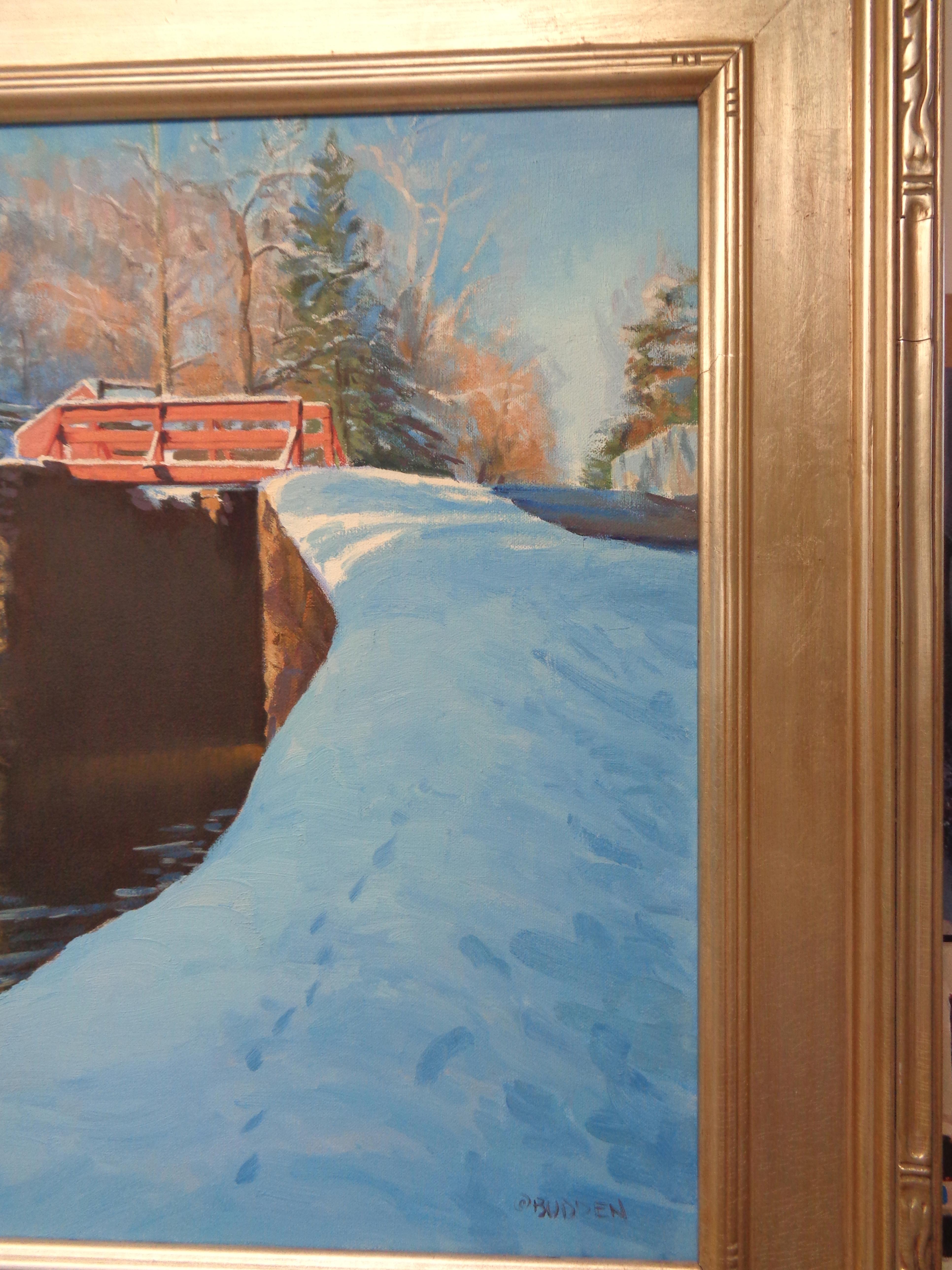 Winter Snow Scene Contemporary Bucks Co Landscape Oil Painting by Michael Budden For Sale 3