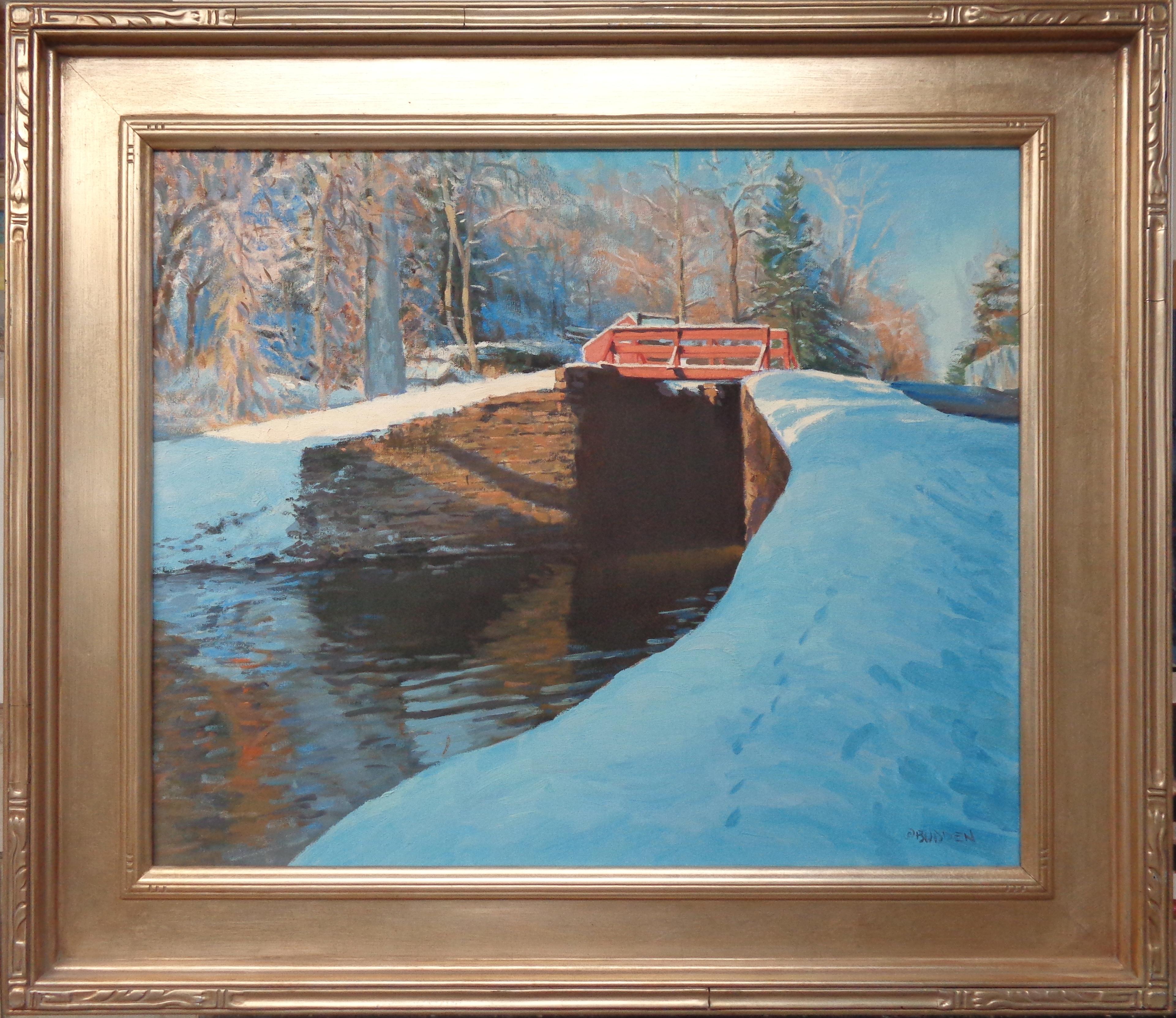 An oil painting on canvas by award winning contemporary artist Michael Budden that showcases the Bucks County Uhlerstown Lock in winter. The image measures 20 x 24 and 27.5 x 31 framed.  Painting comes from a private collection and the frame shows