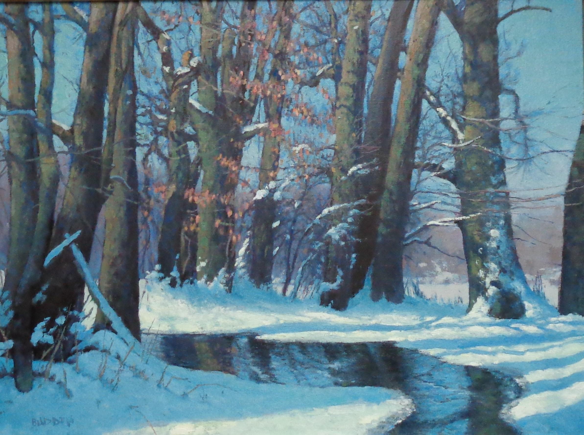  Winter Snow Scene Contemporary Landscape Oil Painting by Michael Budden For Sale 1