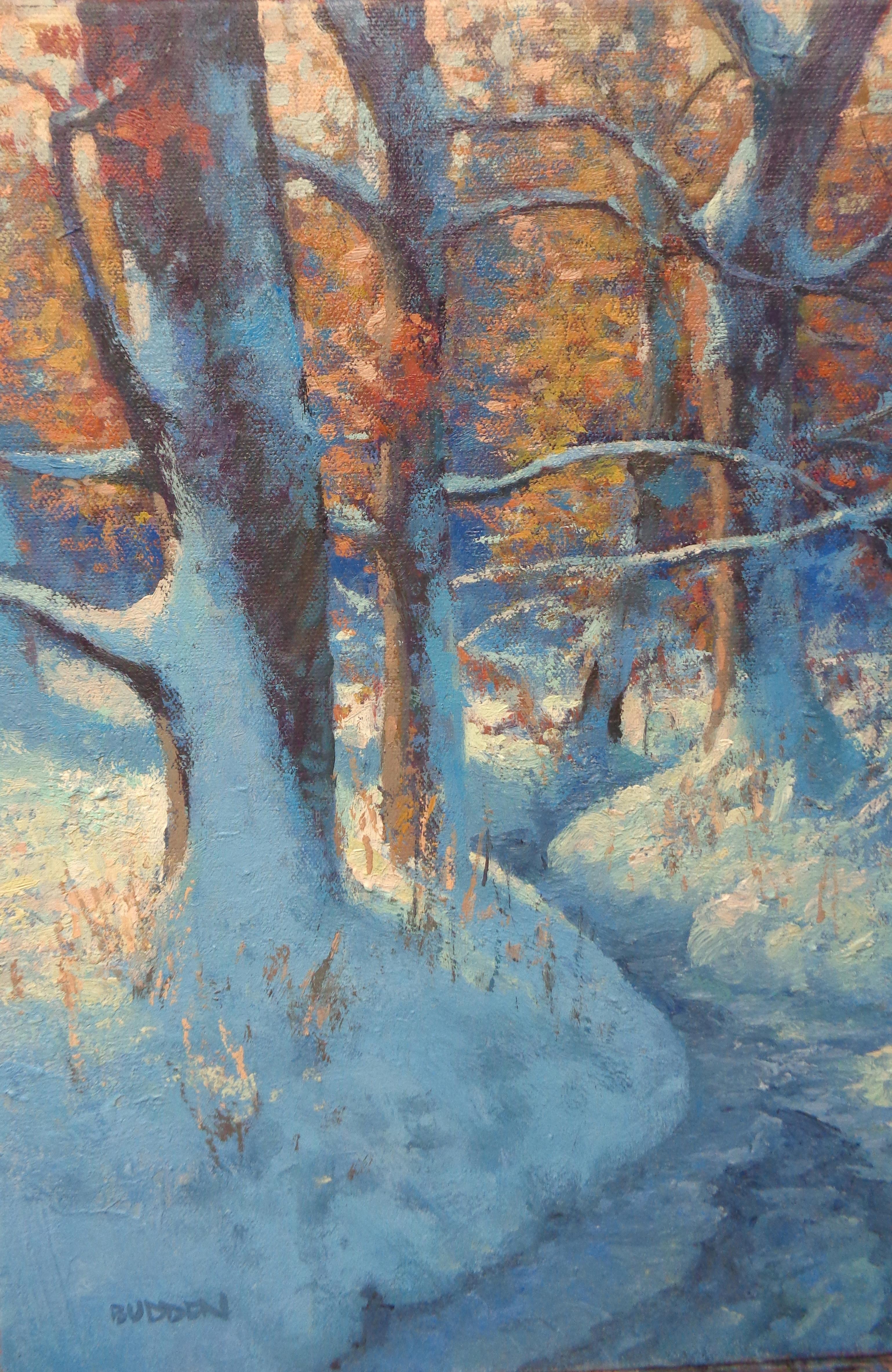  Winter Snow Scene Contemporary Landscape Ölgemälde von Michael Budden im Angebot 1