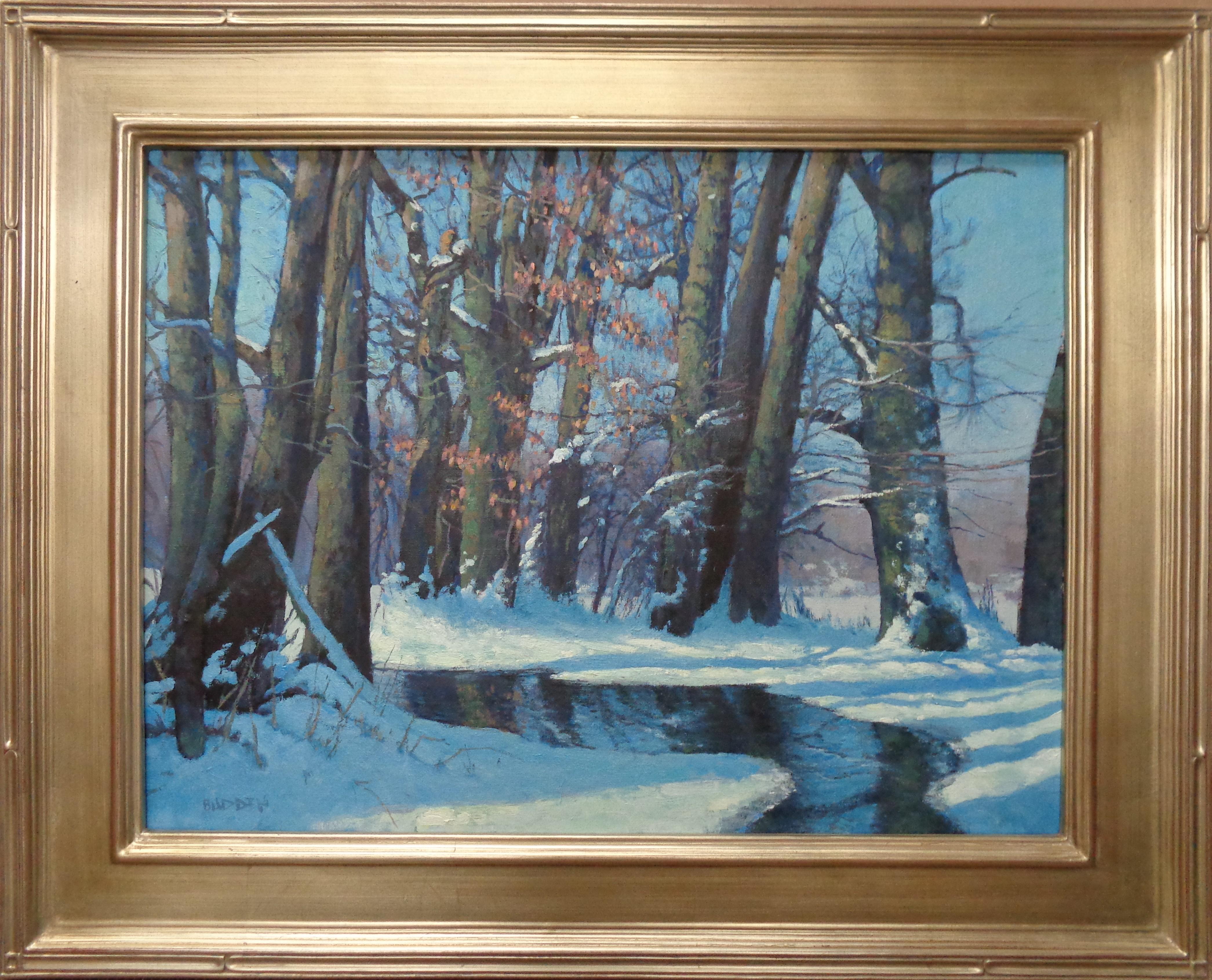 Winter-Muster
Öl/Leinen
18 x 24 ungerahmt, 24,38 x 30,5x1 gerahmt
Winter Patterns ist ein Ölgemälde auf Leinen des preisgekrönten zeitgenössischen Künstlers Michael Budden, das eine winterliche Waldlandschaft und einen Bach mit einem schönen Spiel