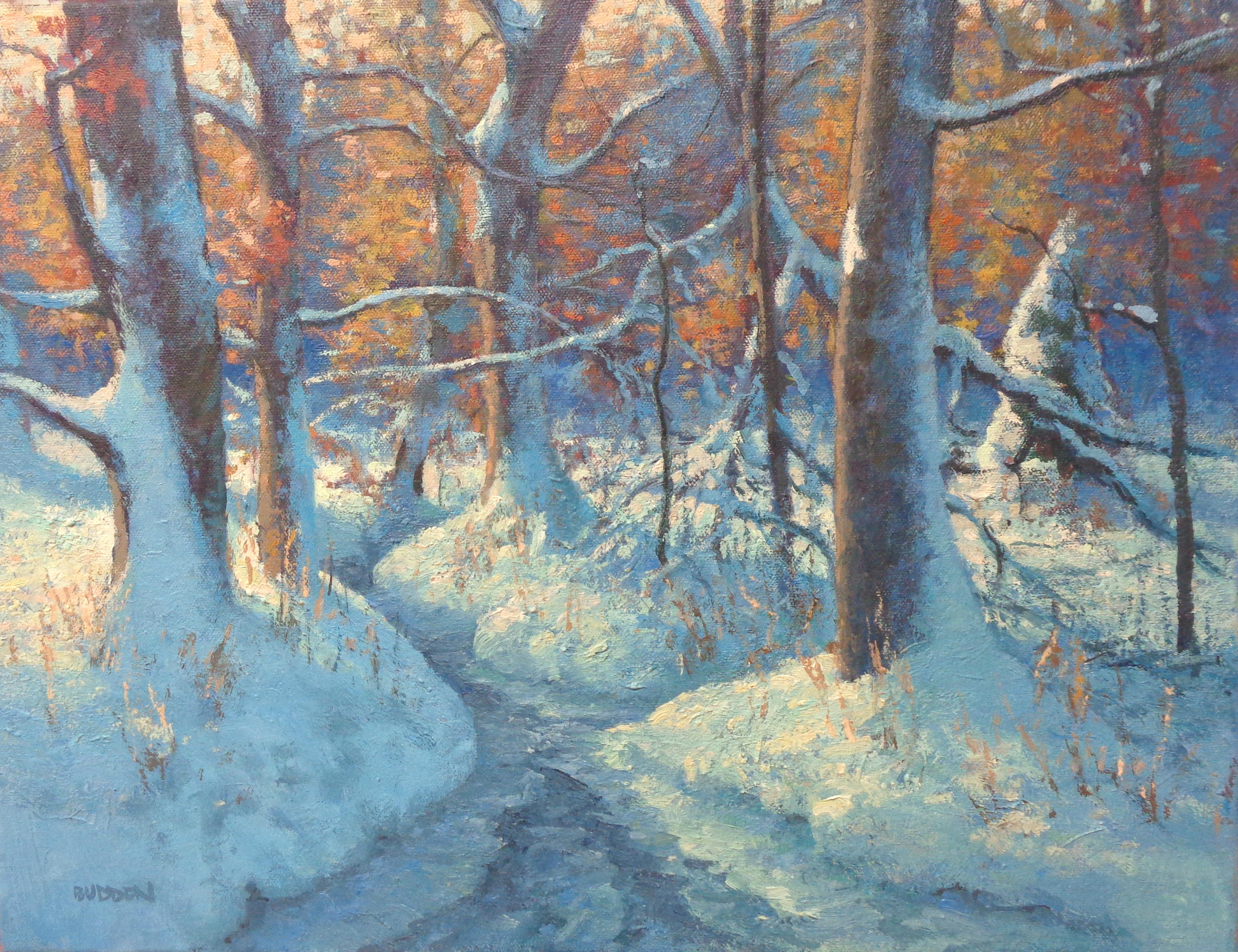 A. Winter Wonderland
Öl/Leinwand 14 x 18 ungerahmt
Ein Ölgemälde auf Leinwand des preisgekrönten zeitgenössischen Künstlers Michael Budden, das eine wunderschön beleuchtete winterliche Waldszene und einen Bach zeigt. Das Bild misst ungerahmt 14 x