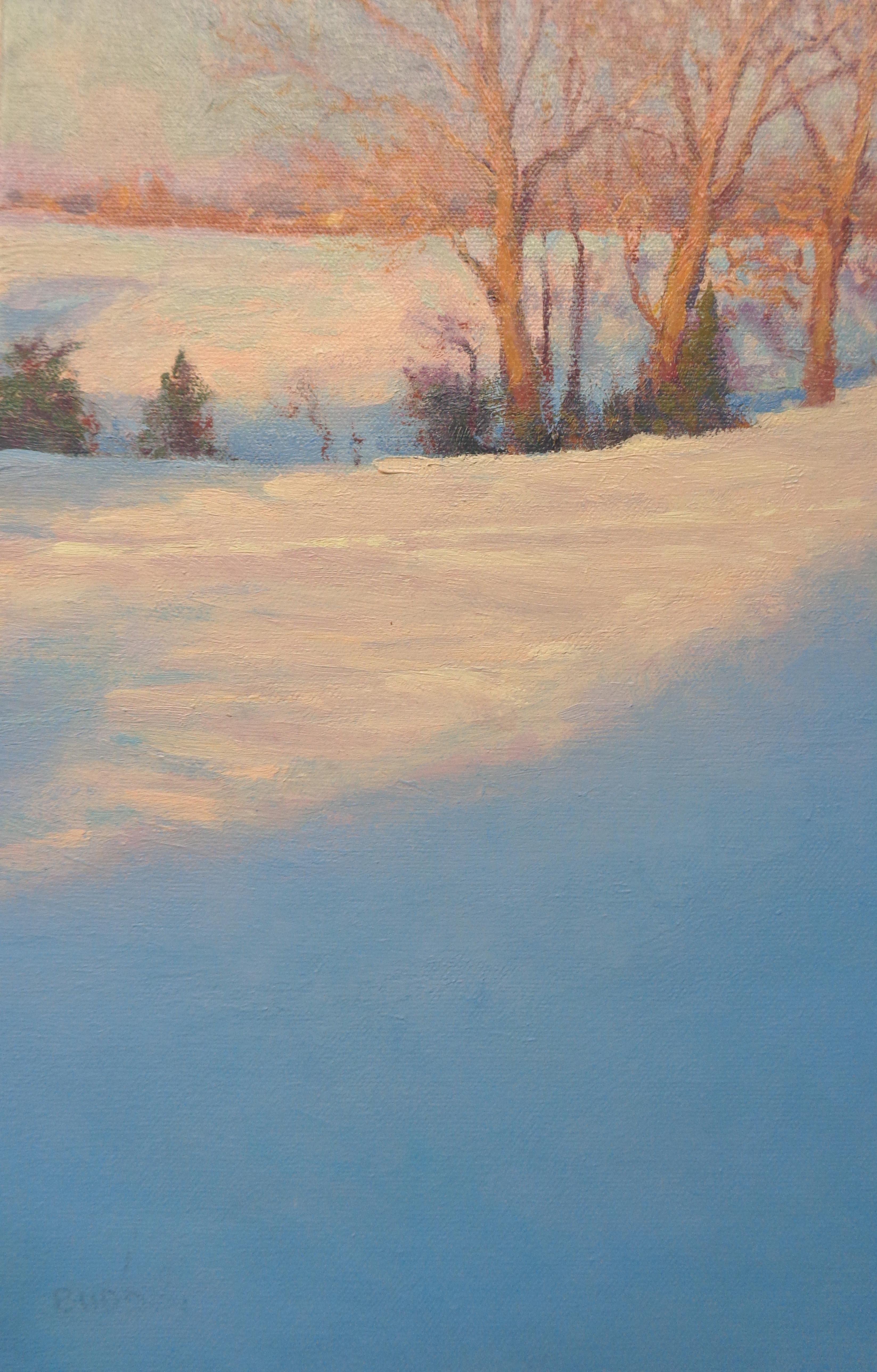 An oil painting on canvas by award winning contemporary artist Michael Budden that showcases a beautiful winter landscape with later afternoon light casting long shadows. The image measures 14 x 18 unframed.  
ARTIST'S STATEMENT
I have been in the
