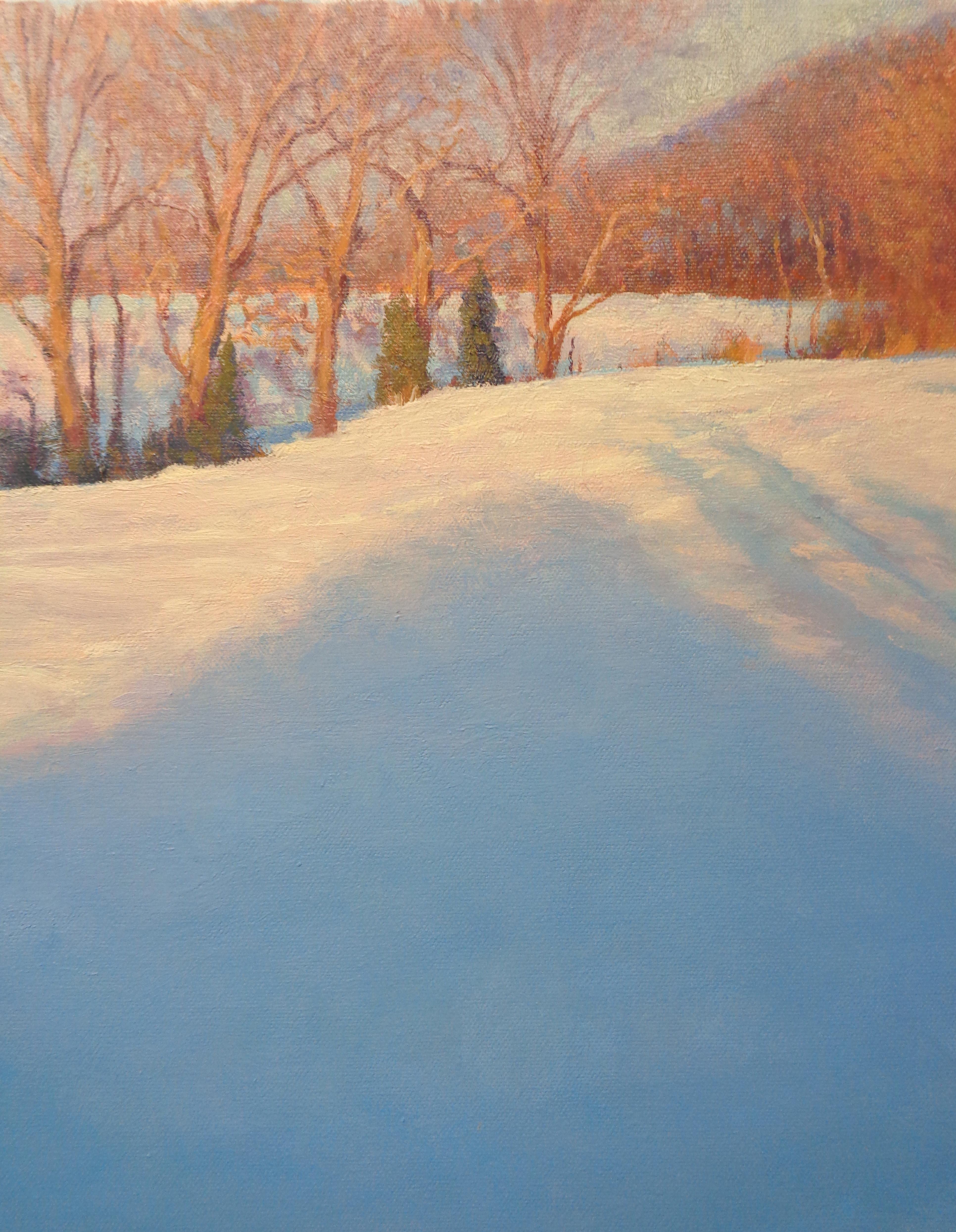 Paisaje invernal con nieve Pintura al óleo de Michael Budden Hermosa luz en venta 3