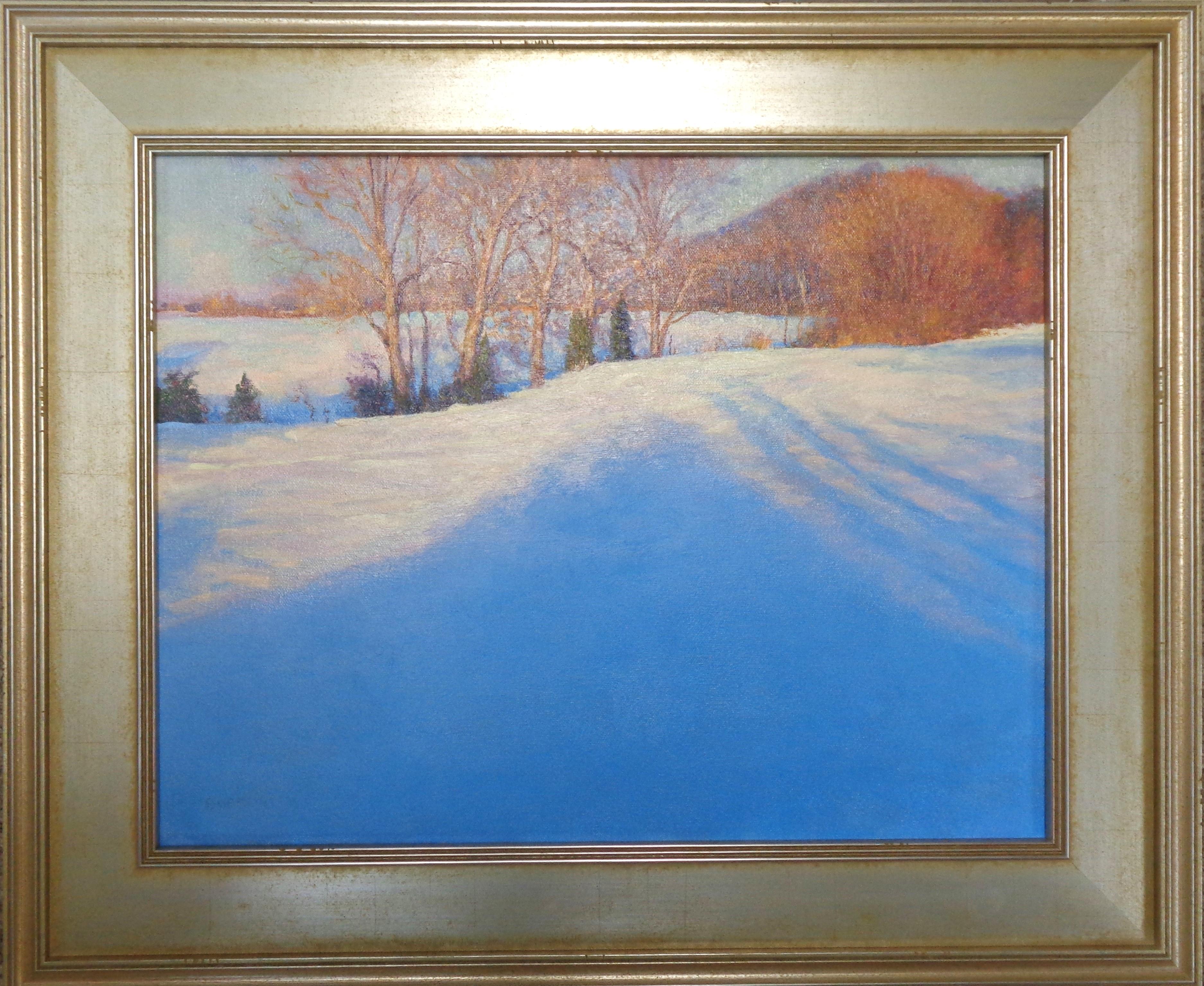Transiciones por la tarde
óleo/lienzo
14 x 18 sin enmarcar, 19,5 x 23,5 enmarcada
Transiciones vespertinas es un óleo sobre lienzo del galardonado artista contemporáneo Michael Budden que muestra un hermoso paisaje invernal con la luz del atardecer